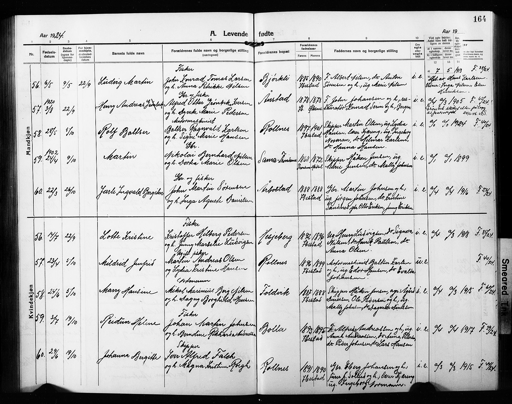 Ibestad sokneprestembete, AV/SATØ-S-0077/H/Ha/Hab/L0010klokker: Klokkerbok nr. 10, 1915-1929, s. 164
