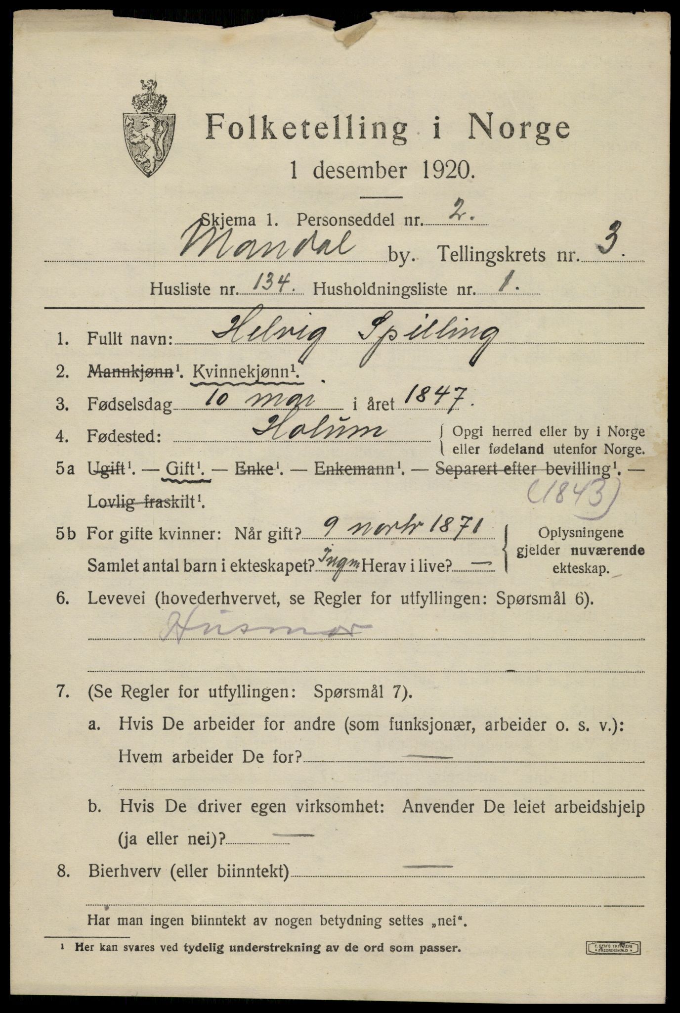 SAK, Folketelling 1920 for 1002 Mandal ladested, 1920, s. 7003