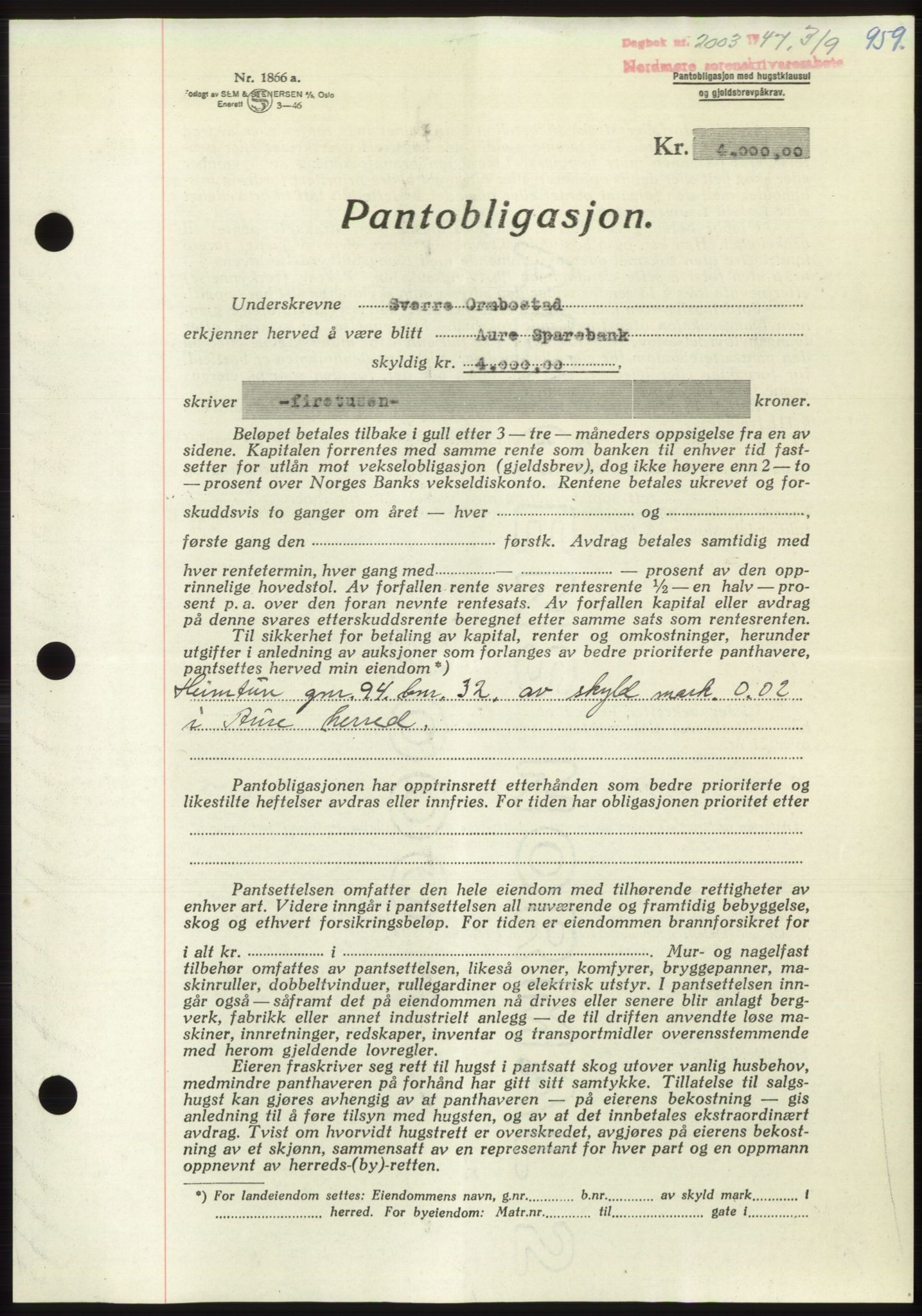Nordmøre sorenskriveri, SAT/A-4132/1/2/2Ca: Pantebok nr. B96, 1947-1947, Dagboknr: 2003/1947