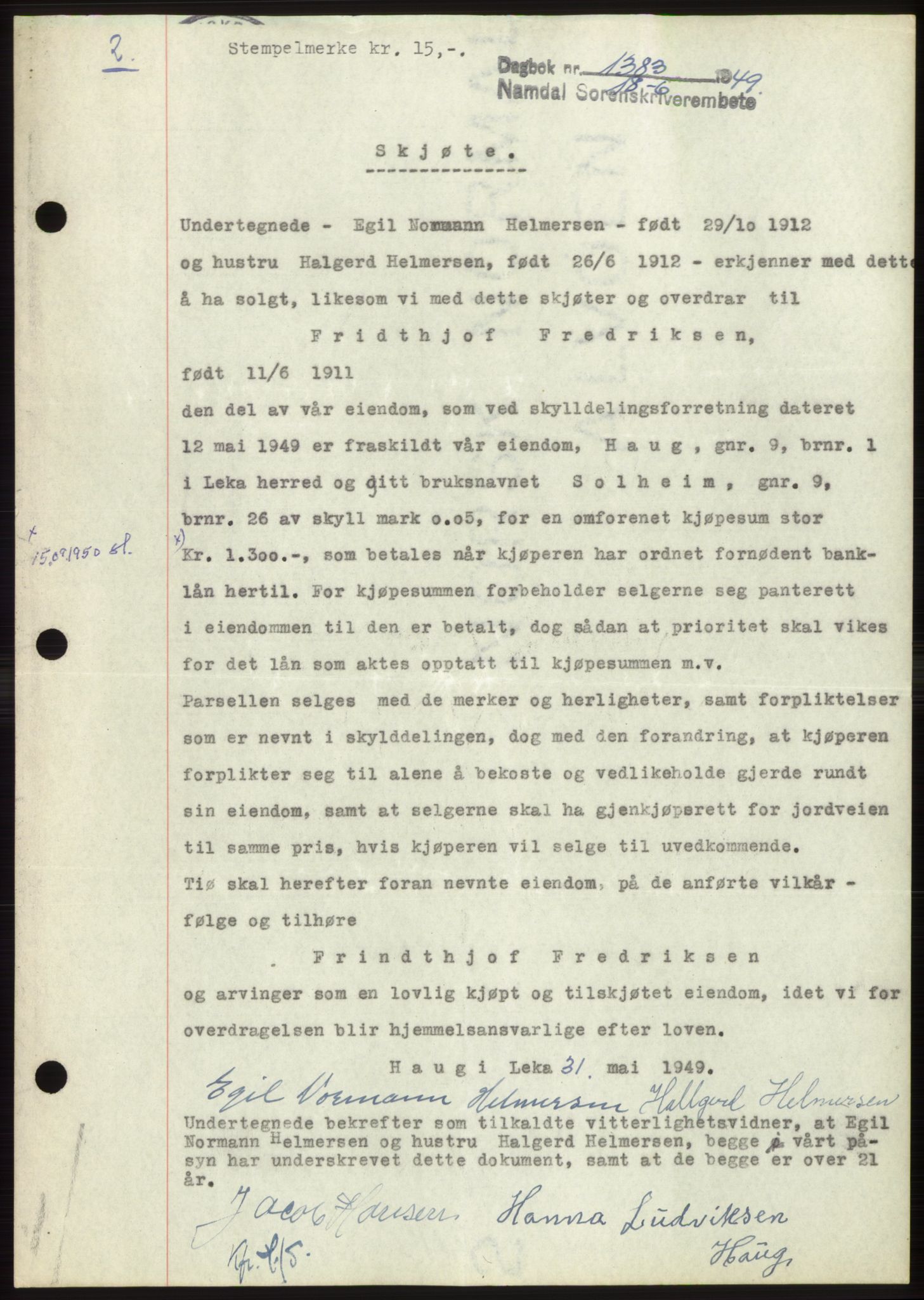 Namdal sorenskriveri, SAT/A-4133/1/2/2C: Pantebok nr. -, 1949-1949, Dagboknr: 1383/1949