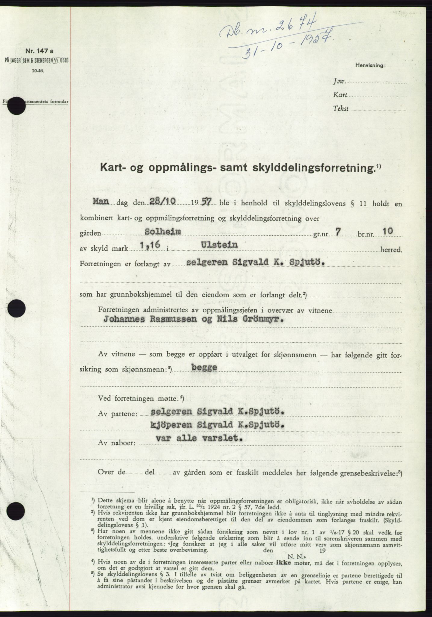 Søre Sunnmøre sorenskriveri, SAT/A-4122/1/2/2C/L0108: Pantebok nr. 34A, 1957-1958, Dagboknr: 2674/1957
