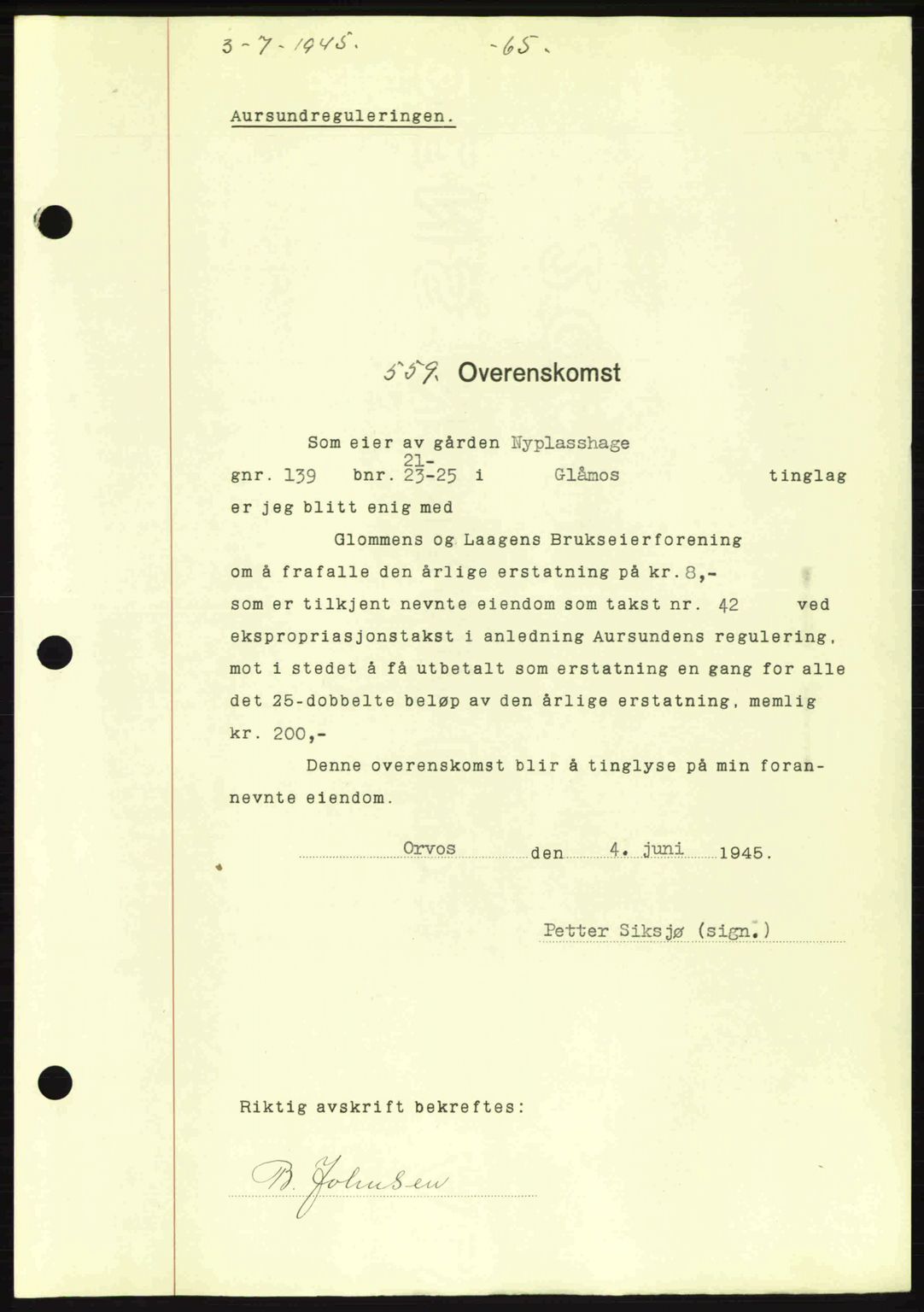 Gauldal sorenskriveri, SAT/A-0014/1/2/2C: Pantebok nr. A1a, 1945-1945, Dagboknr: 559/1945