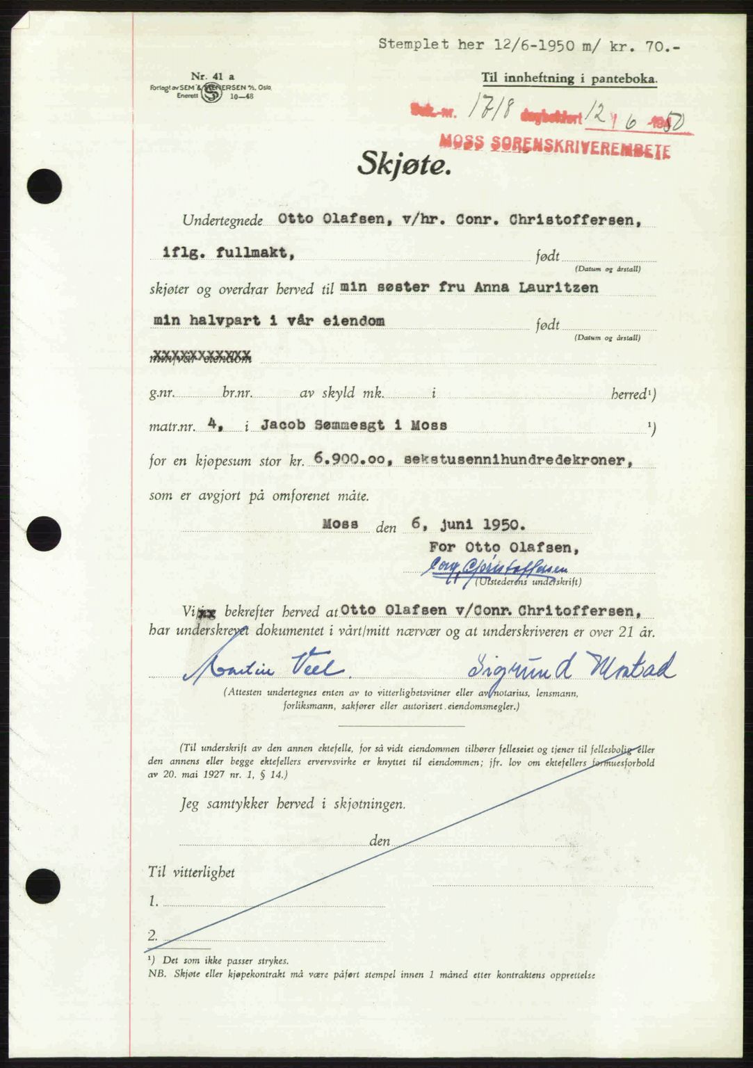 Moss sorenskriveri, SAO/A-10168: Pantebok nr. A26, 1950-1950, Dagboknr: 1718/1950