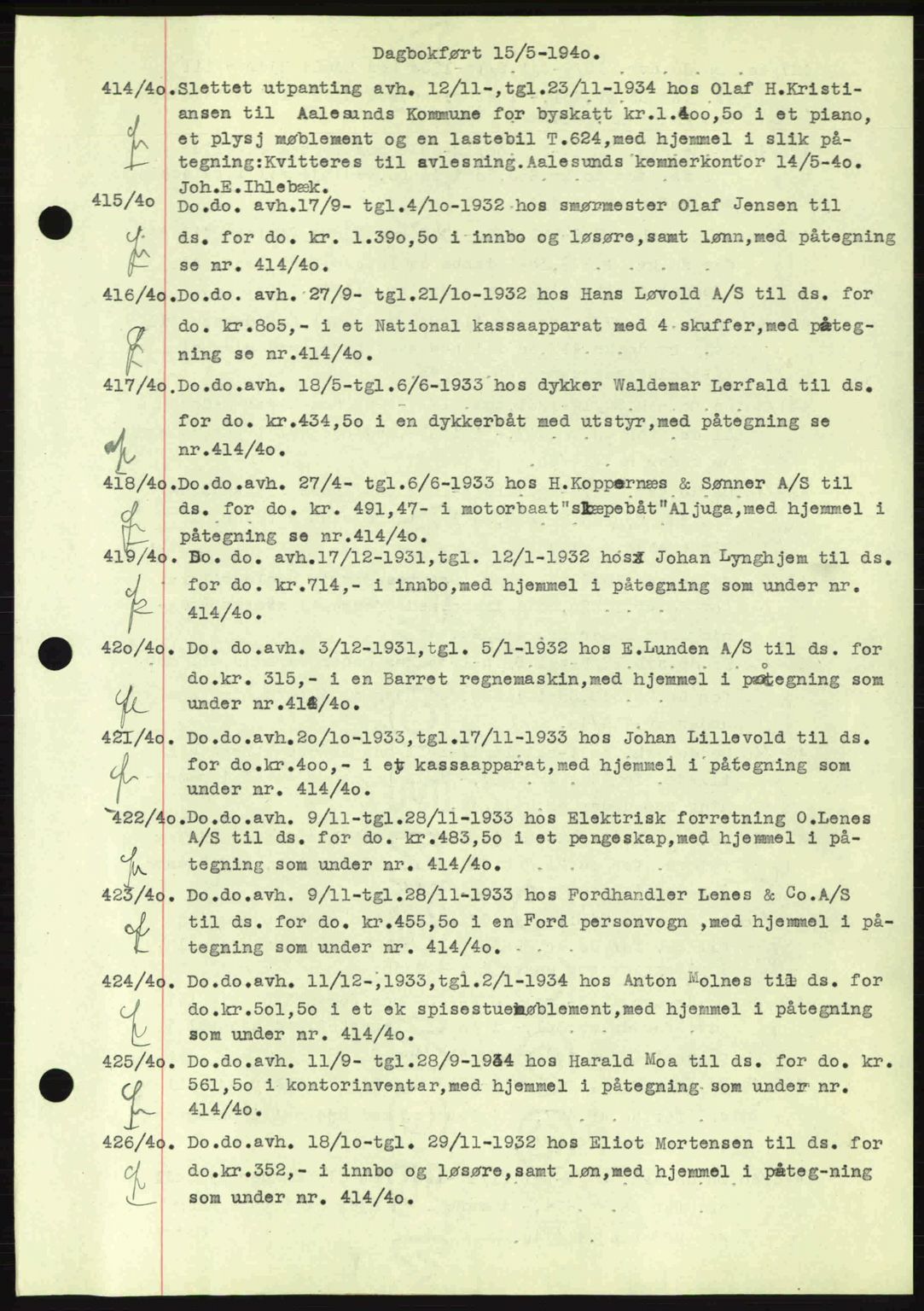 Nordre Sunnmøre sorenskriveri, SAT/A-0006/1/2/2C/2Ca: Pantebok nr. C, 1939-1945, Dagboknr: 414/1940