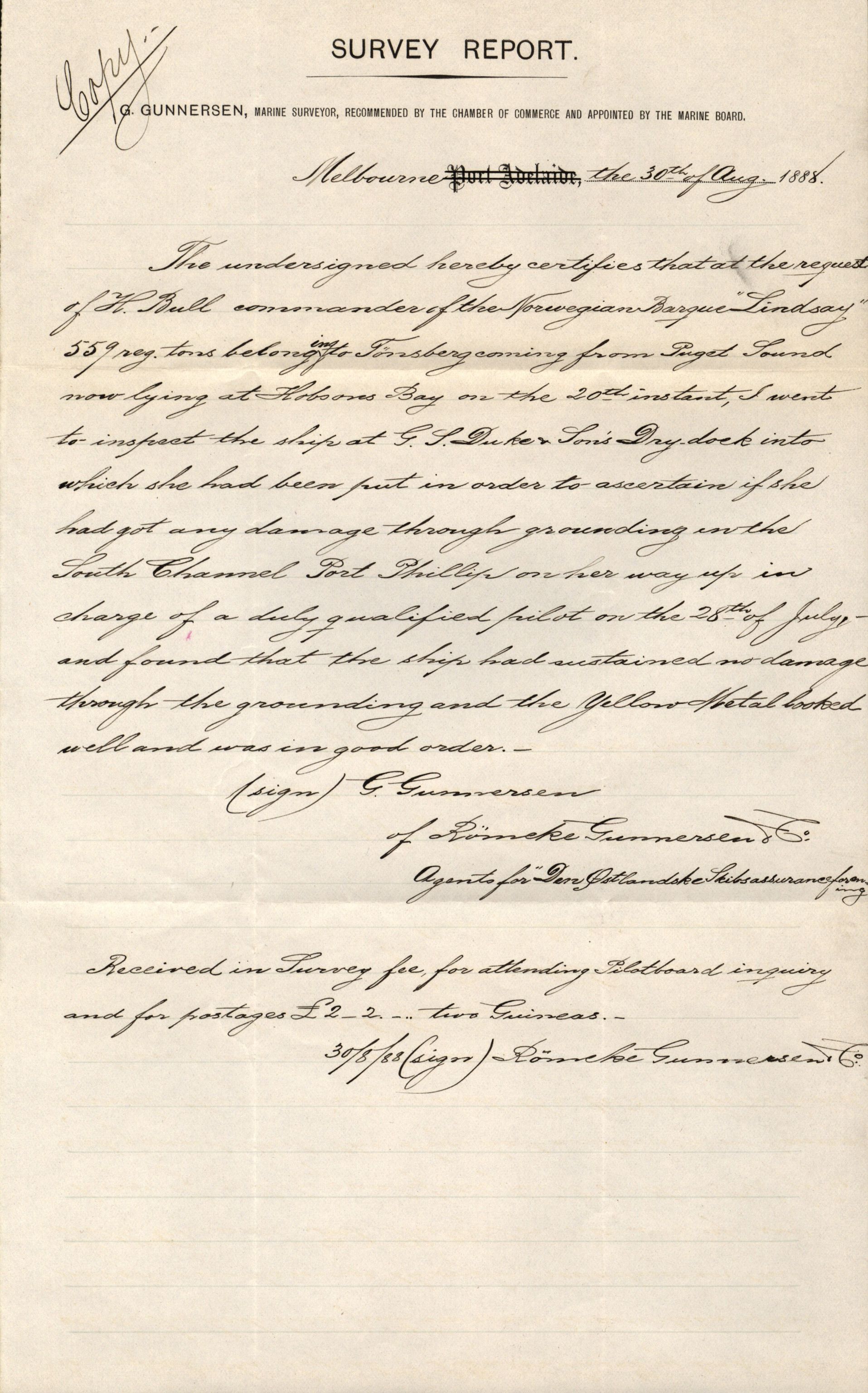 Pa 63 - Østlandske skibsassuranceforening, VEMU/A-1079/G/Ga/L0021/0006: Havaridokumenter / Gøthe, Granit, Granen, Harmonie, Lindsay, 1888, s. 113