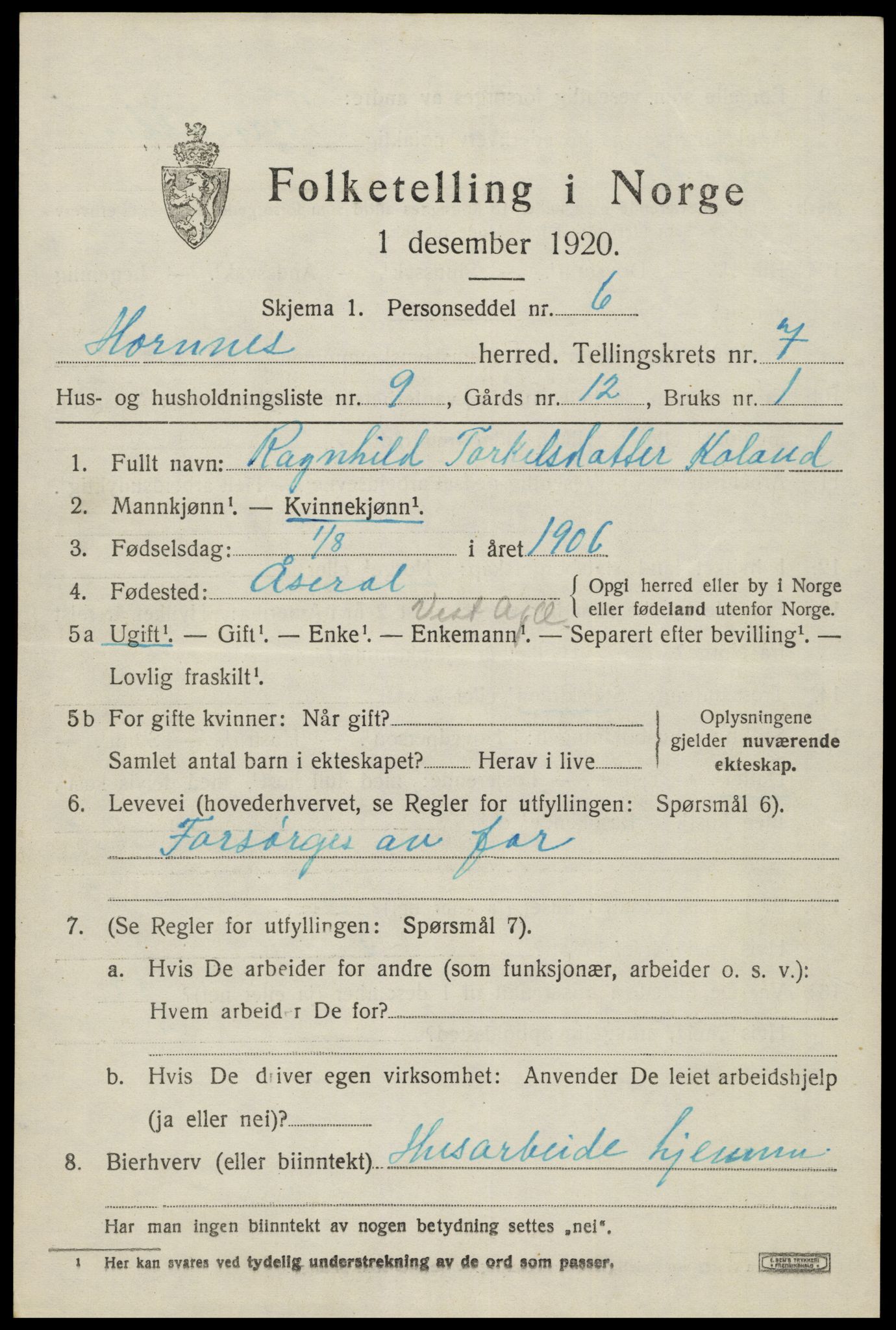 SAK, Folketelling 1920 for 0936 Hornnes herred, 1920, s. 1757