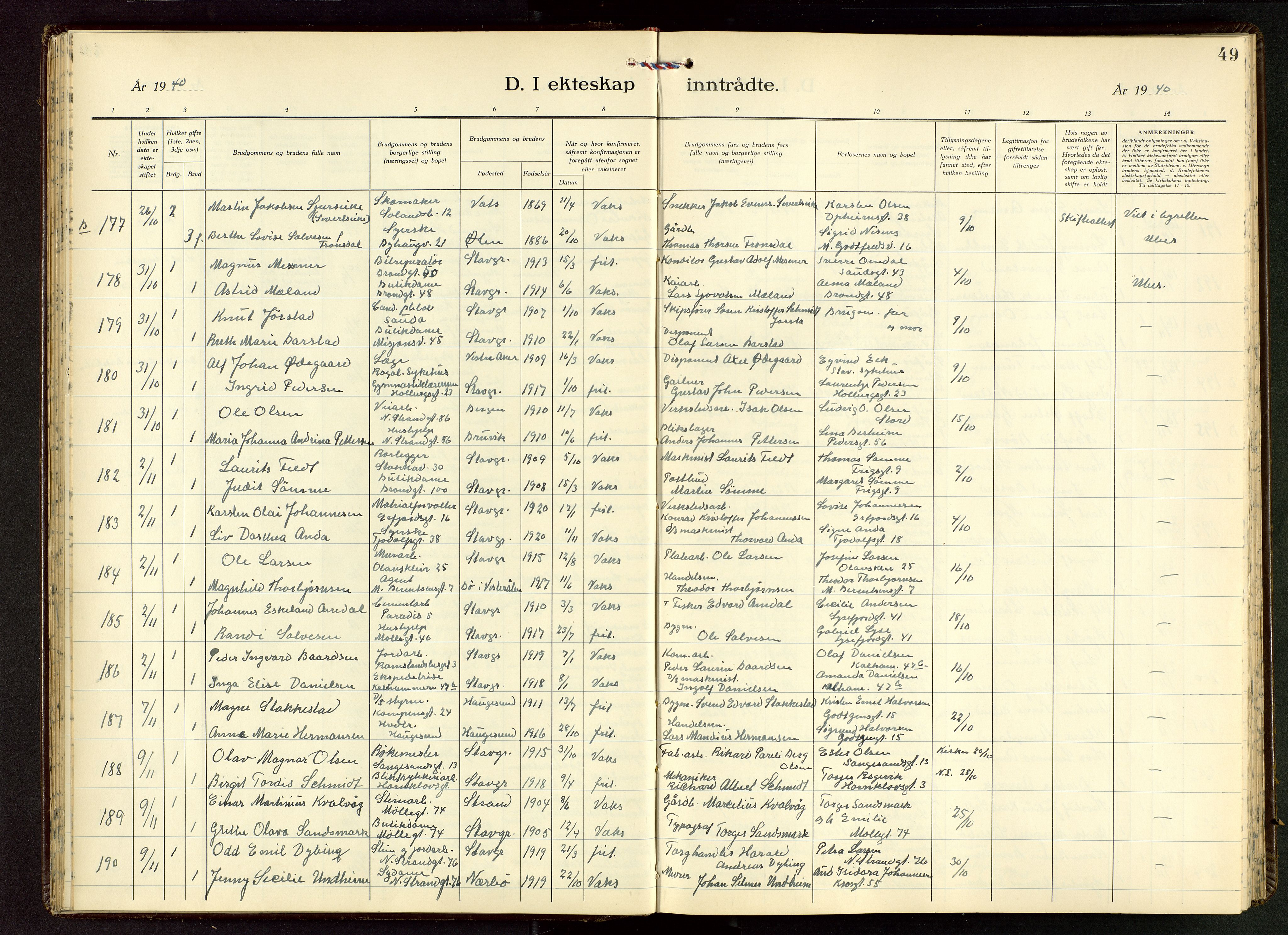 Domkirken sokneprestkontor, AV/SAST-A-101812/001/30/30BB/L0022: Klokkerbok nr. B 22, 1937-1949, s. 49