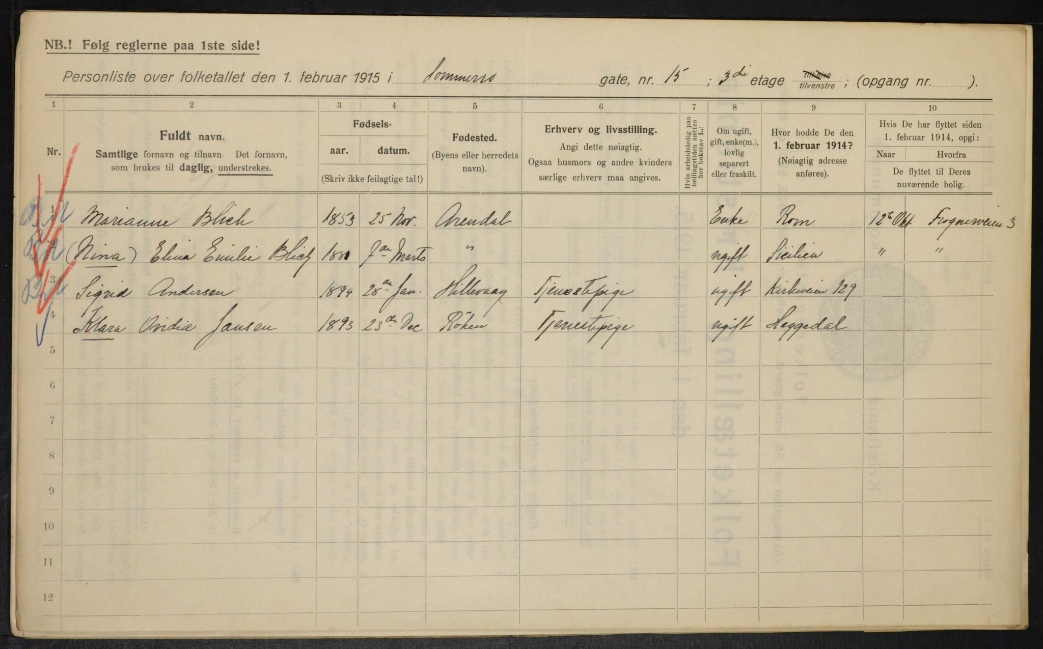 OBA, Kommunal folketelling 1.2.1915 for Kristiania, 1915, s. 99586