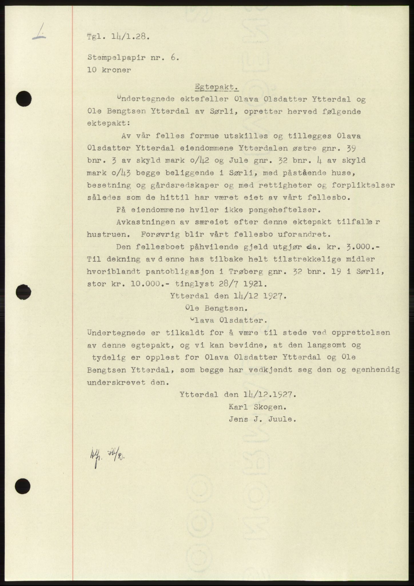 Namdal sorenskriveri, SAT/A-4133/1/2/2C: Pantebok nr. -, 1926-1930, Tingl.dato: 14.01.1928
