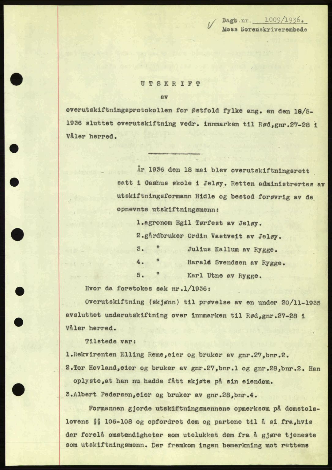 Moss sorenskriveri, SAO/A-10168: Pantebok nr. A1, 1936-1936, Dagboknr: 1009/1936