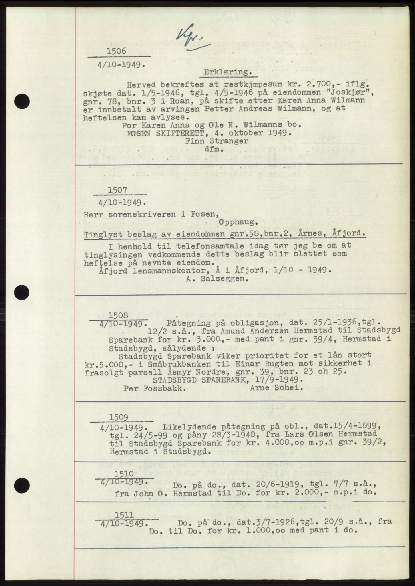 Fosen sorenskriveri, AV/SAT-A-1107/1/2/2C: Pantebok nr. B3, 1948-1950, Dagboknr: 1506/1949