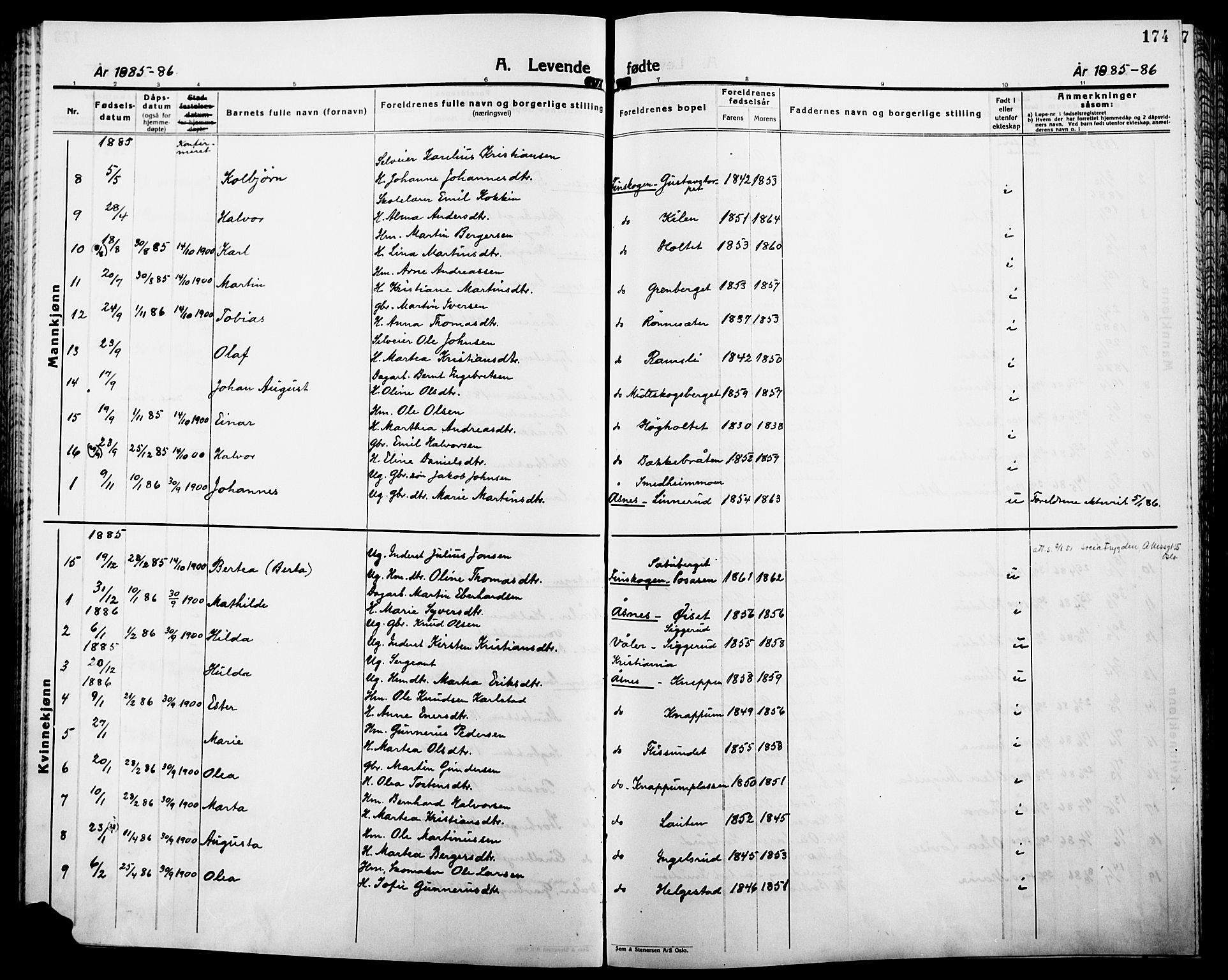 Åsnes prestekontor, SAH/PREST-042/H/Ha/Haa/L0000B: Ministerialbok, 1870-1889, s. 174
