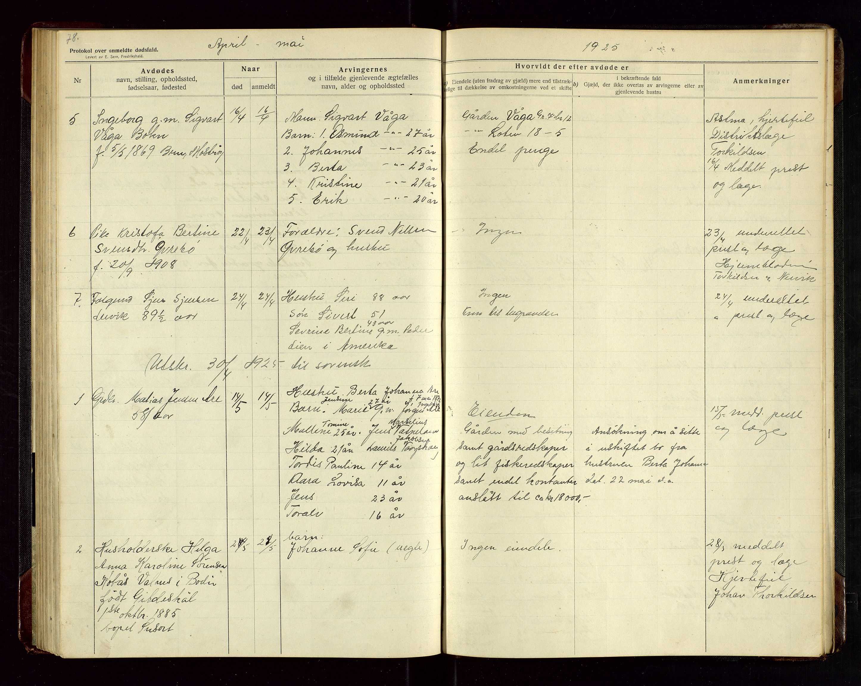 Tysvær lensmannskontor, AV/SAST-A-100192/Gga/L0003: "Protokol over anmeldte dødsfald i Tysvær" med register, 1916-1926, s. 78