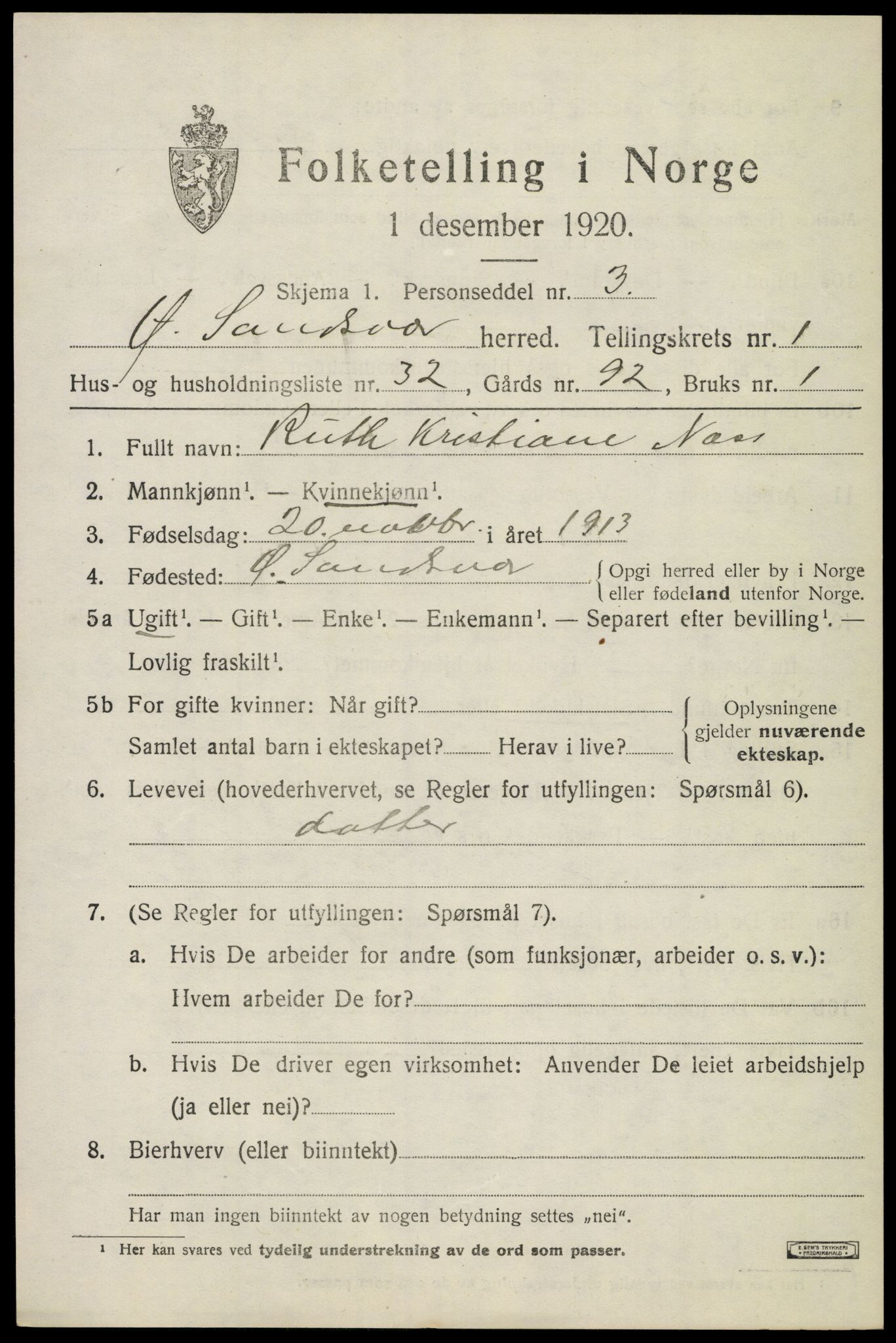 SAKO, Folketelling 1920 for 0630 Øvre Sandsvær herred, 1920, s. 1324