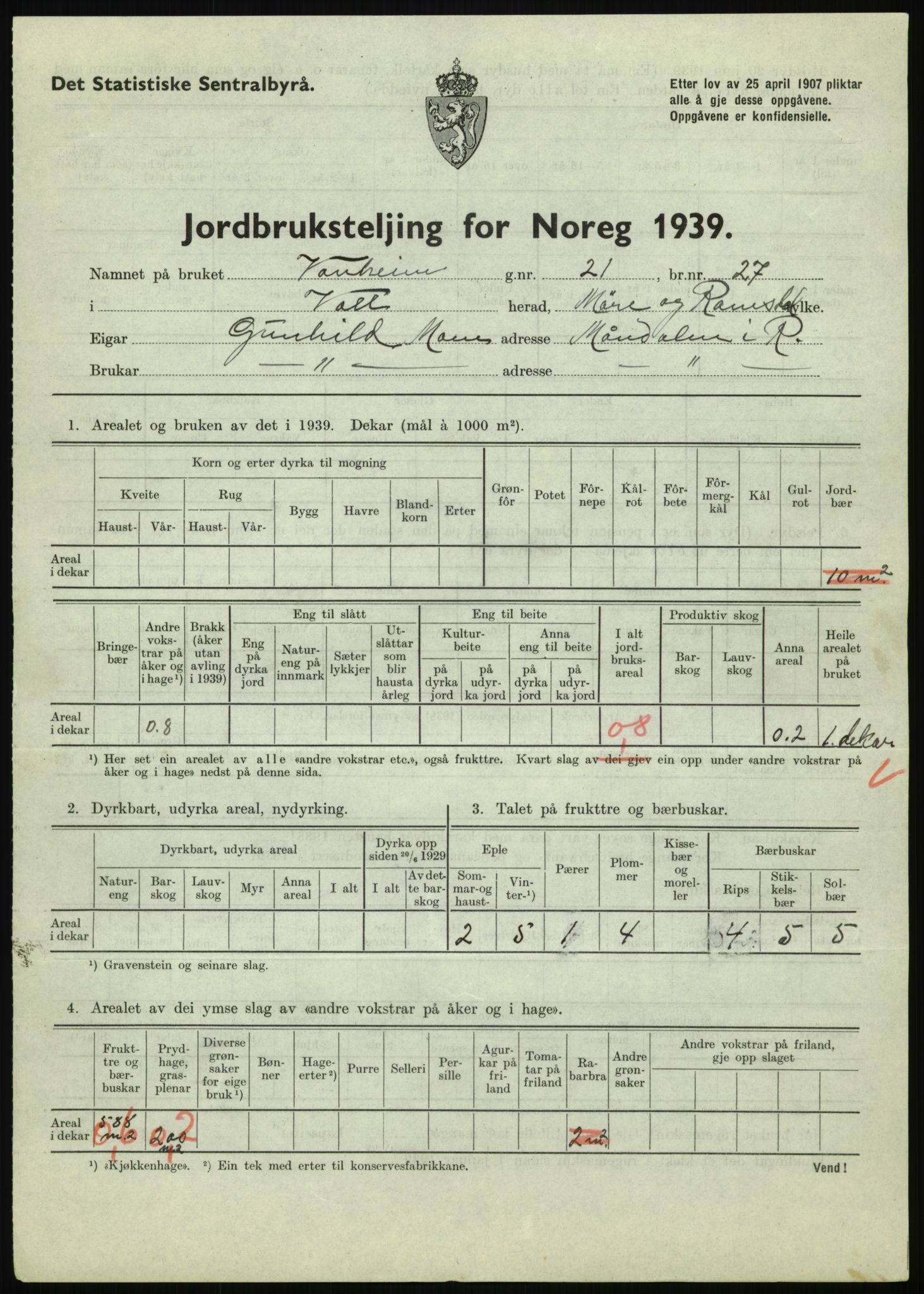 Statistisk sentralbyrå, Næringsøkonomiske emner, Jordbruk, skogbruk, jakt, fiske og fangst, AV/RA-S-2234/G/Gb/L0251: Møre og Romsdal: Voll, Eid, Grytten og Hen, 1939, s. 11