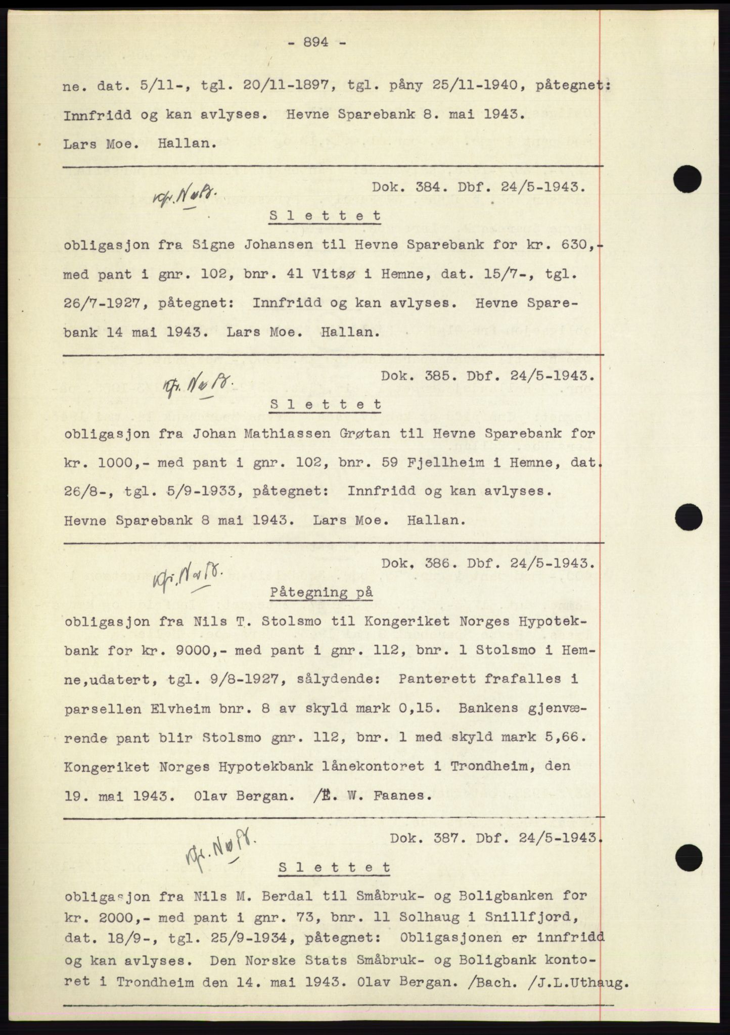 Hitra sorenskriveri, AV/SAT-A-0018/2/2C/2Ca: Pantebok nr. C1, 1936-1945, Dagboknr: 384/1943