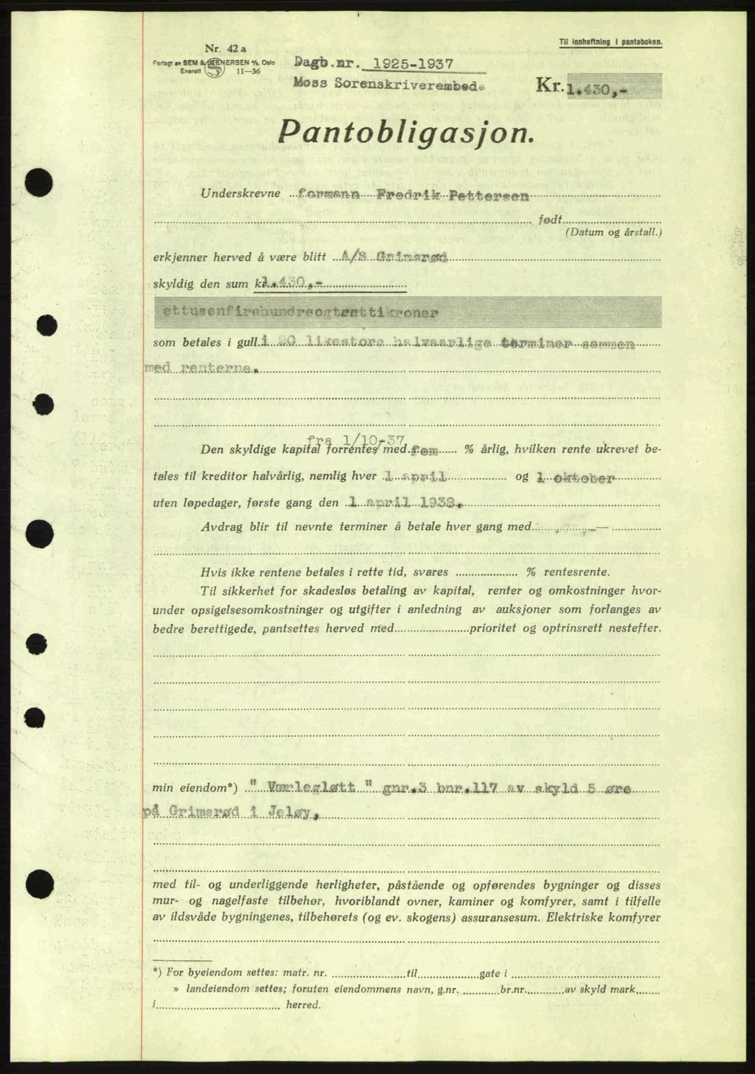 Moss sorenskriveri, SAO/A-10168: Pantebok nr. B4, 1937-1938, Dagboknr: 1925/1937