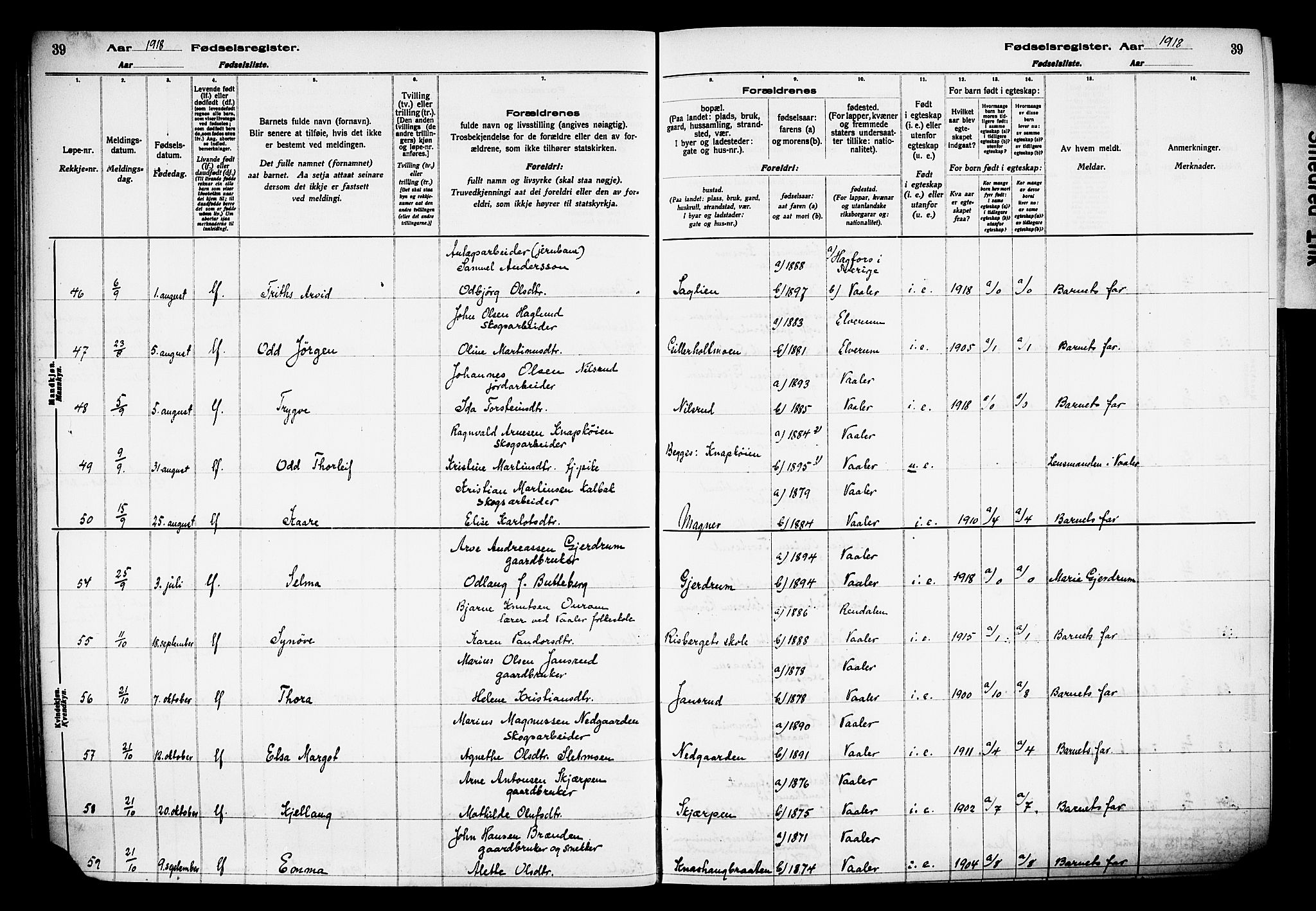 Våler prestekontor, Hedmark, AV/SAH-PREST-040/I/Id/L0001: Fødselsregister nr. 1, 1916-1930, s. 39
