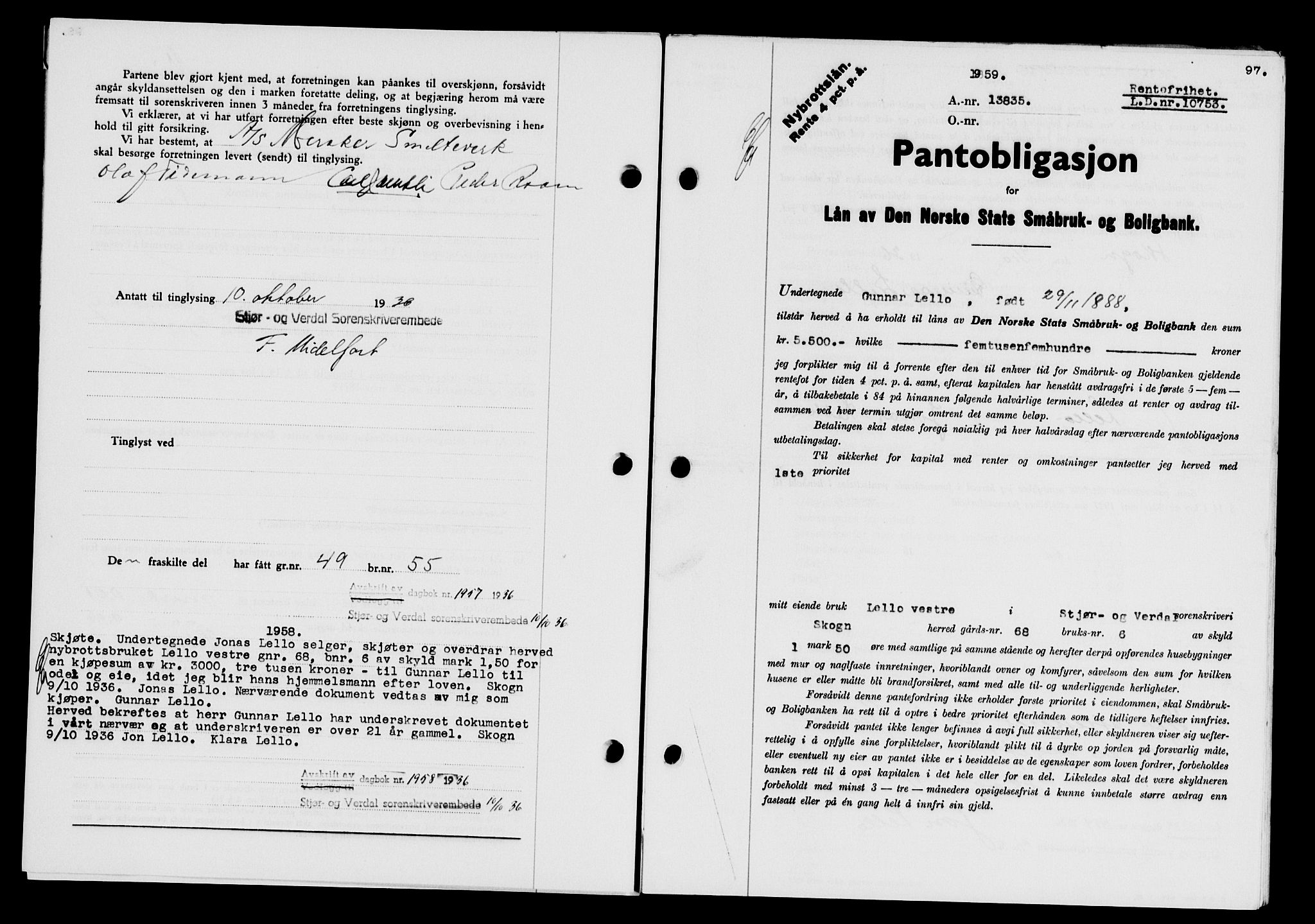 Stjør- og Verdal sorenskriveri, SAT/A-4167/1/2/2C/L0078: Pantebok nr. 46, 1936-1937, Dagboknr: 1959/1936