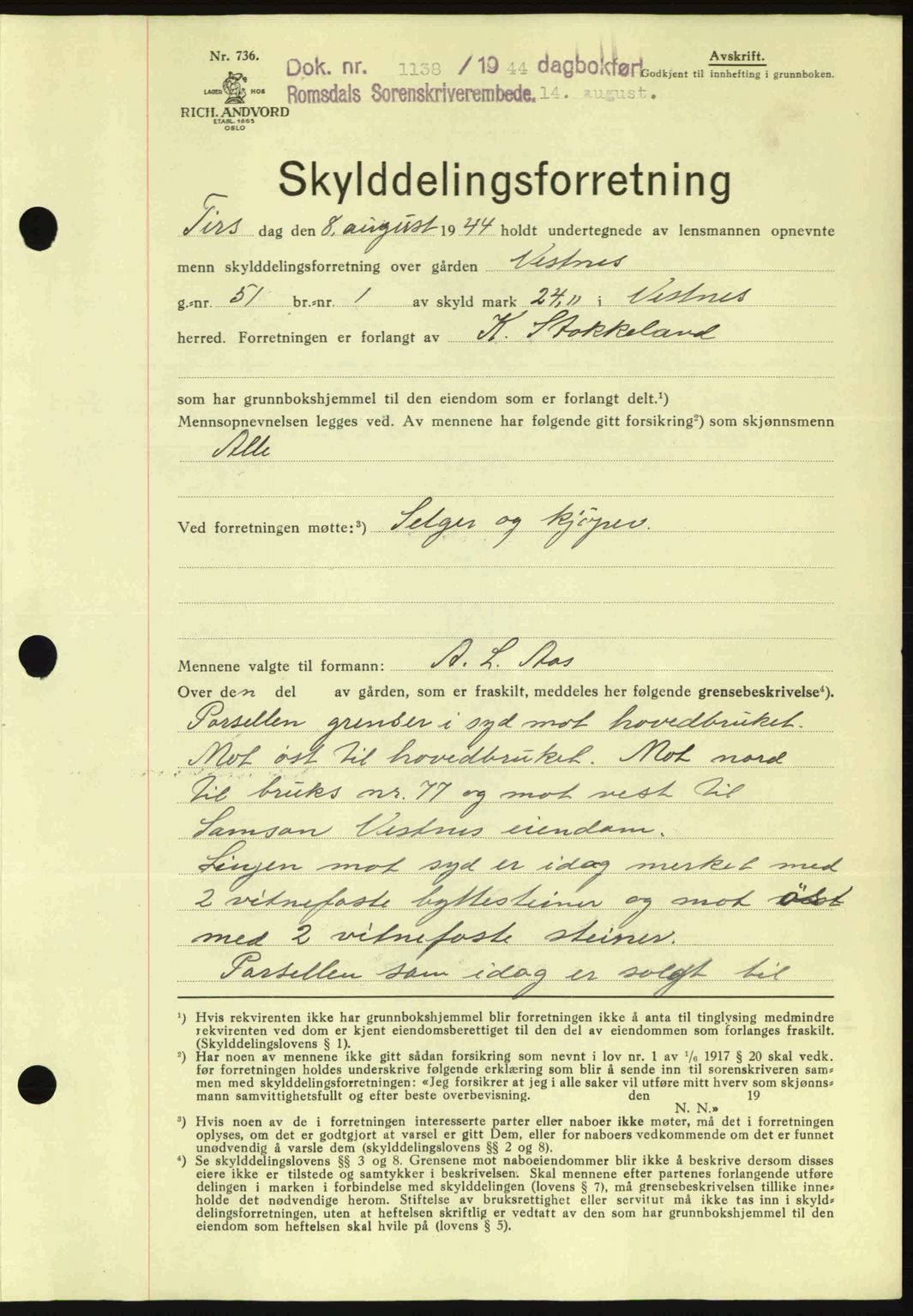 Romsdal sorenskriveri, AV/SAT-A-4149/1/2/2C: Pantebok nr. A16, 1944-1944, Dagboknr: 1138/1944