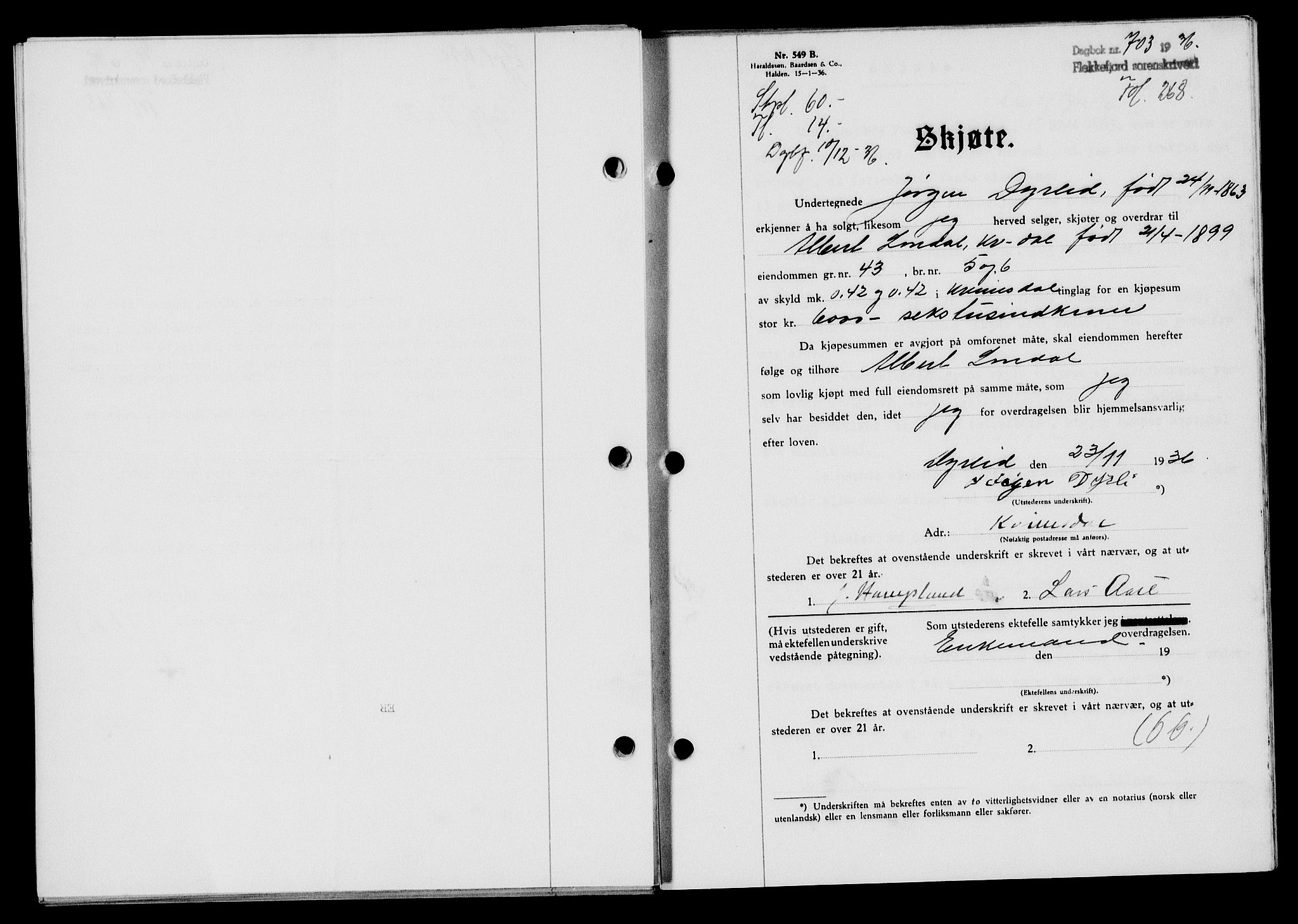 Flekkefjord sorenskriveri, SAK/1221-0001/G/Gb/Gba/L0053: Pantebok nr. A-1, 1936-1937, Dagboknr: 703/1936