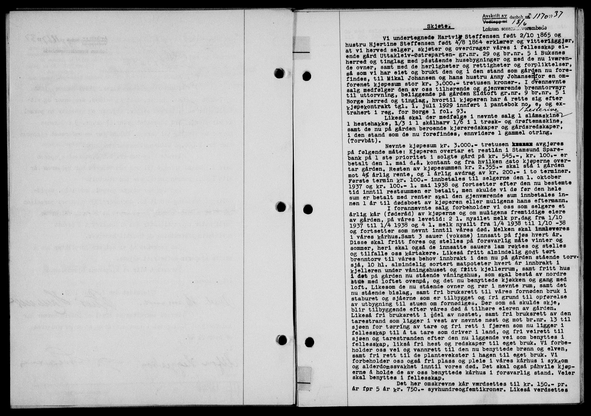 Lofoten sorenskriveri, SAT/A-0017/1/2/2C/L0002a: Pantebok nr. 2a, 1937-1937, Dagboknr: 1170/1937