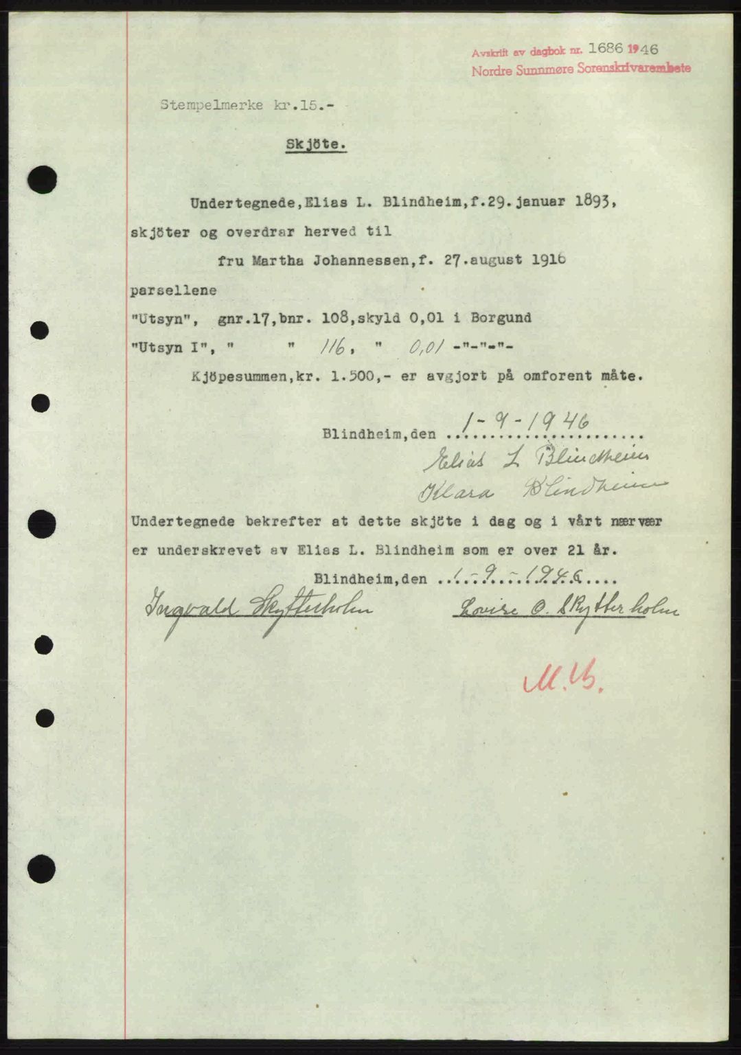 Nordre Sunnmøre sorenskriveri, SAT/A-0006/1/2/2C/2Ca: Pantebok nr. A22, 1946-1946, Dagboknr: 1686/1946