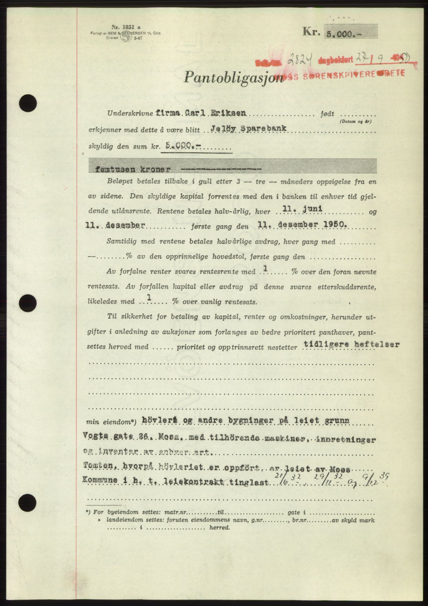 Moss sorenskriveri, SAO/A-10168: Pantebok nr. B25, 1950-1950, Dagboknr: 2824/1950