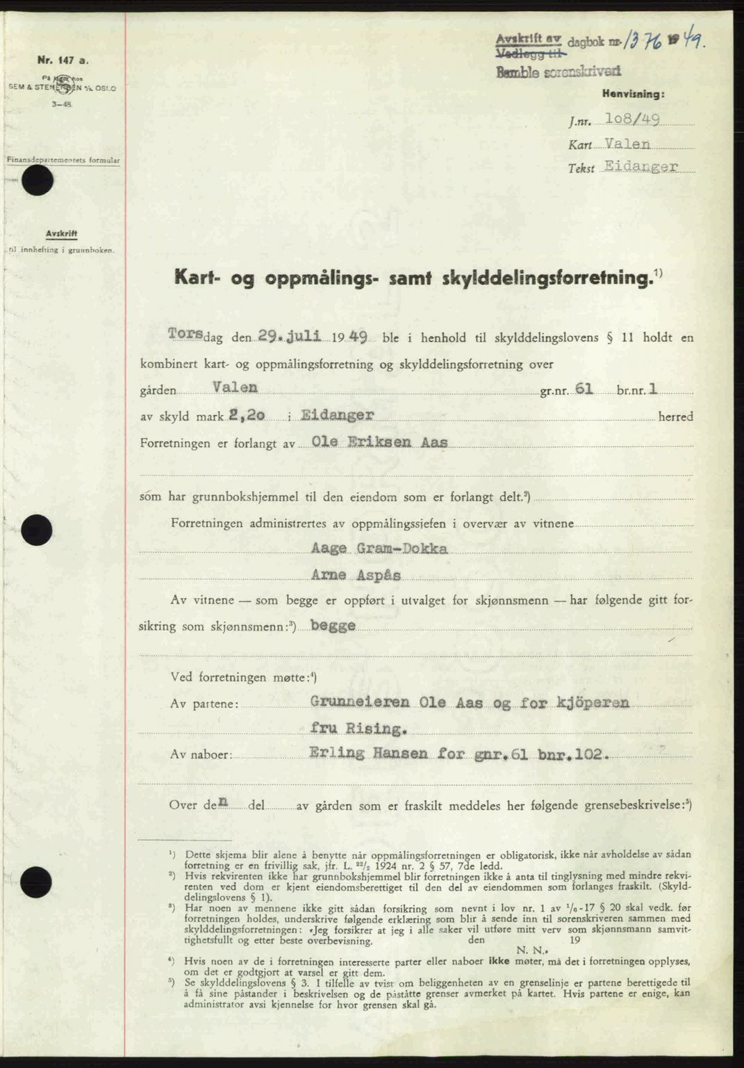 Bamble sorenskriveri, SAKO/A-214/G/Ga/Gag/L0015: Pantebok nr. A-15, 1949-1949, Dagboknr: 1376/1949