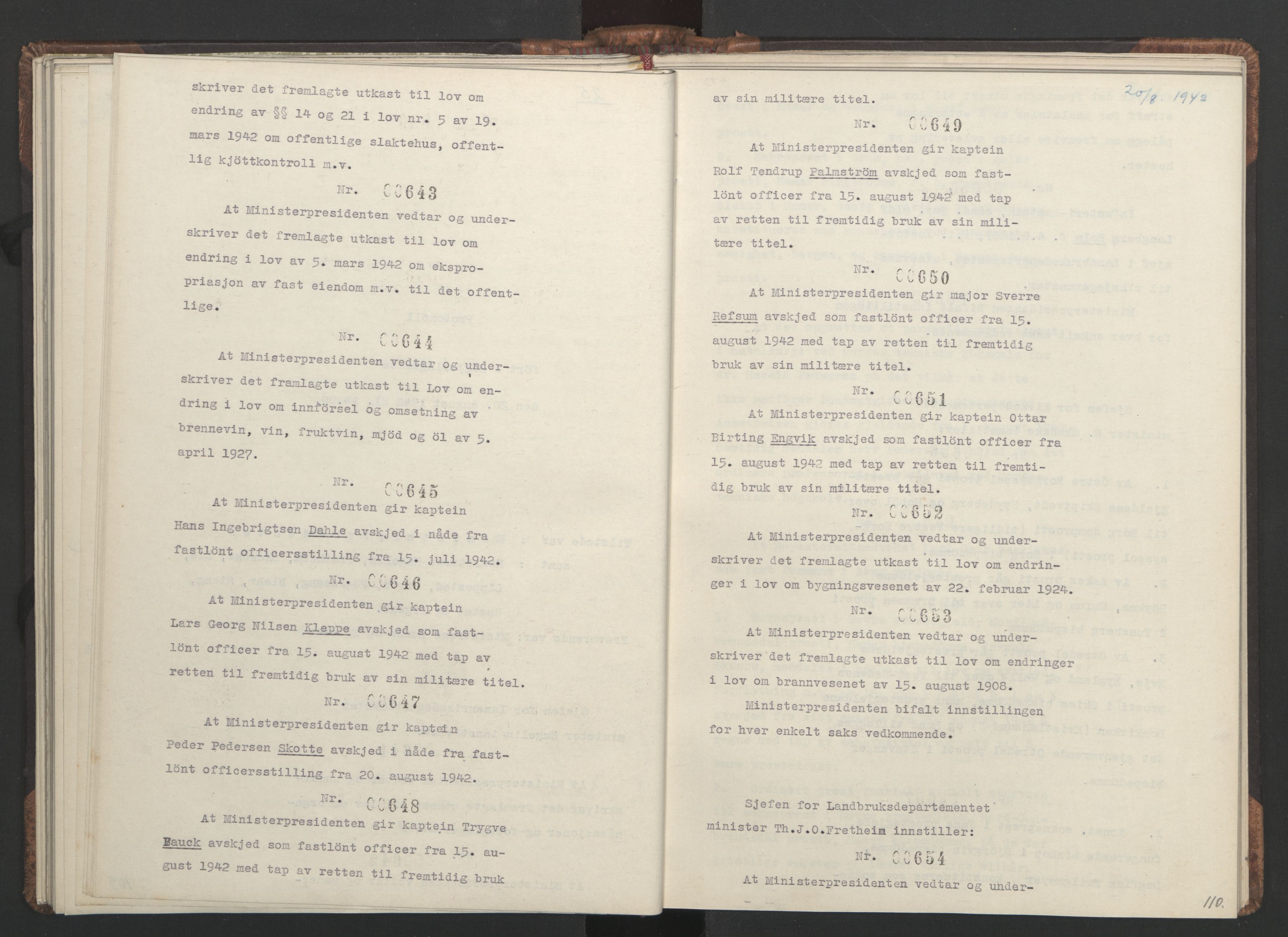 NS-administrasjonen 1940-1945 (Statsrådsekretariatet, de kommisariske statsråder mm), RA/S-4279/D/Da/L0001: Beslutninger og tillegg (1-952 og 1-32), 1942, s. 113