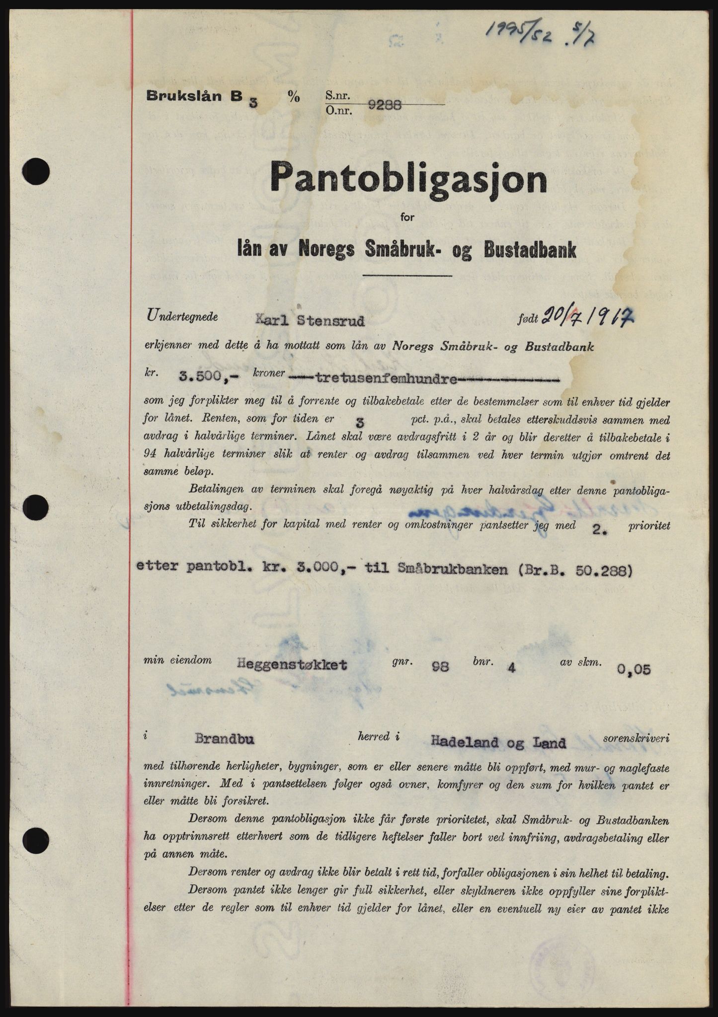 Hadeland og Land tingrett, SAH/TING-010/H/Hb/Hbc/L0024: Pantebok nr. B24, 1952-1952, Dagboknr: 1995/1952