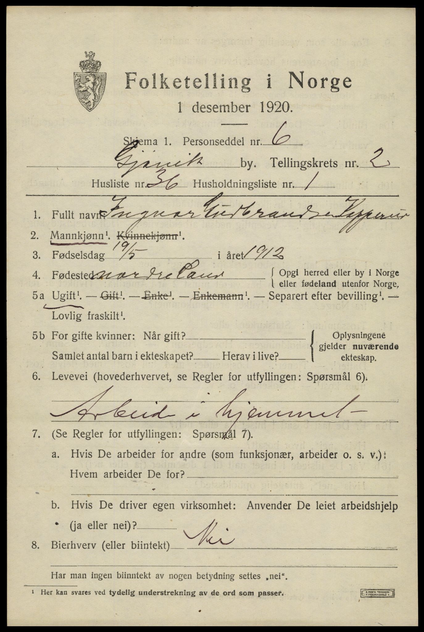 SAH, Folketelling 1920 for 0502 Gjøvik kjøpstad, 1920, s. 5424