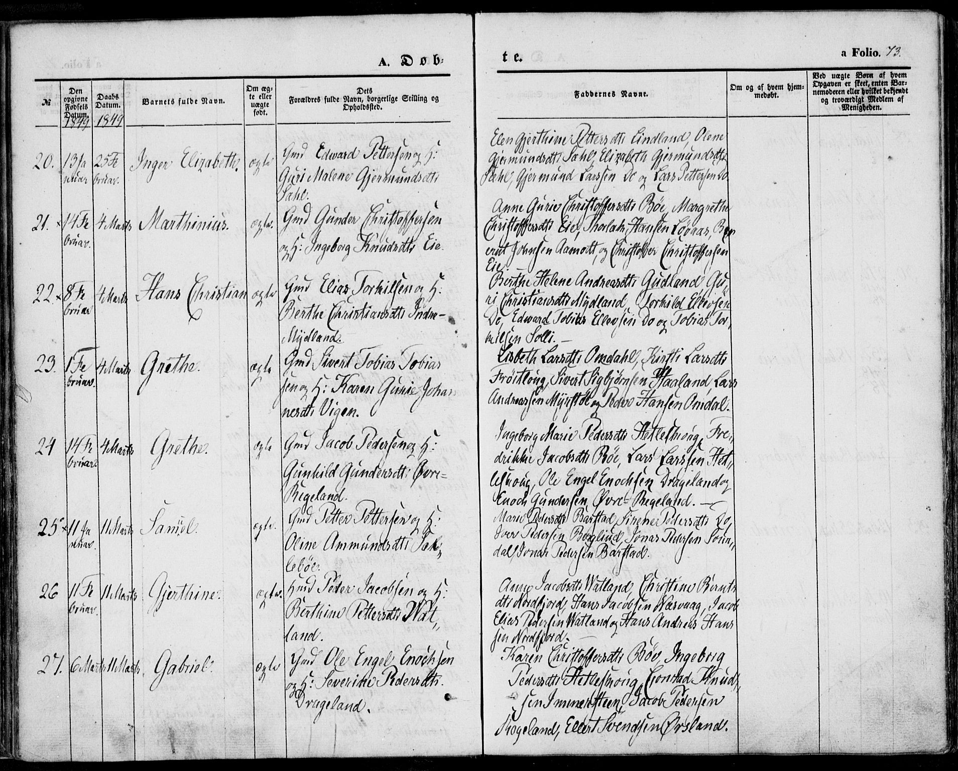 Sokndal sokneprestkontor, AV/SAST-A-101808: Ministerialbok nr. A 8.1, 1842-1857, s. 73
