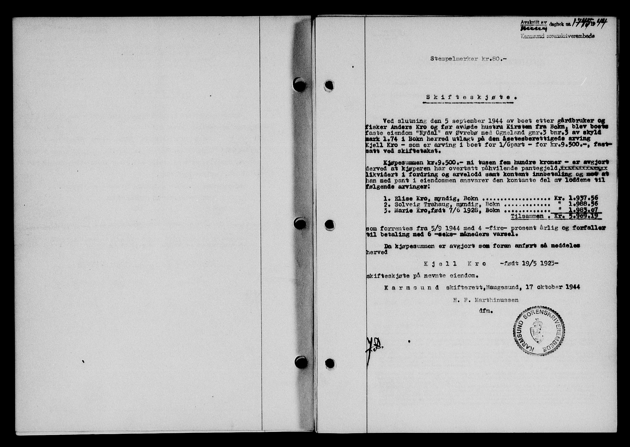 Karmsund sorenskriveri, SAST/A-100311/01/II/IIB/L0082: Pantebok nr. 63A, 1944-1944, Dagboknr: 1745/1944
