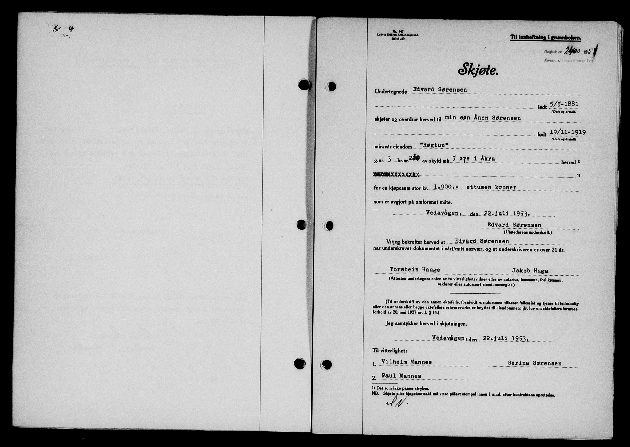 Karmsund sorenskriveri, SAST/A-100311/01/II/IIB/L0109: Pantebok nr. 89A, 1953-1953, Dagboknr: 2400/1953