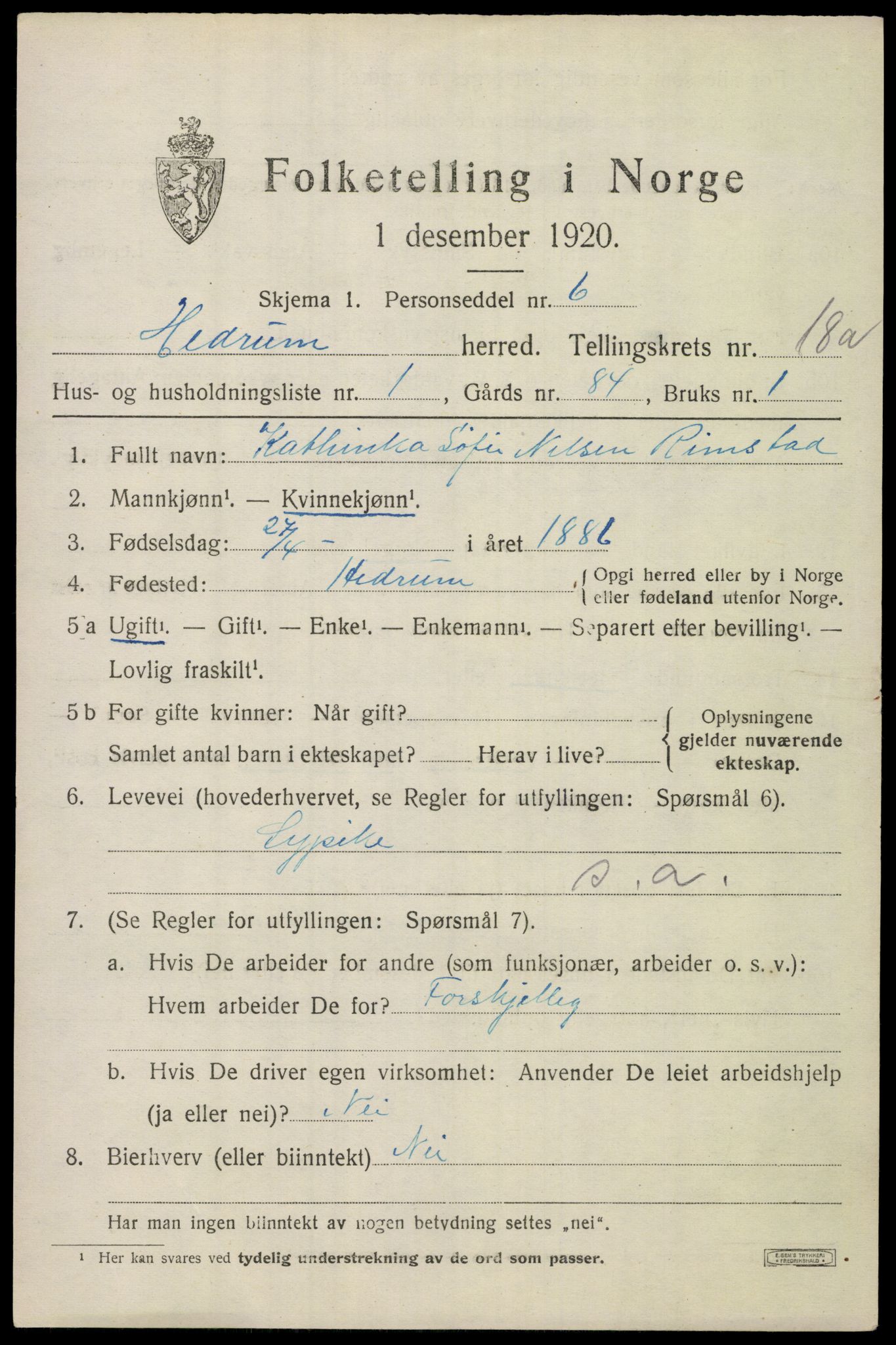 SAKO, Folketelling 1920 for 0727 Hedrum herred, 1920, s. 10807