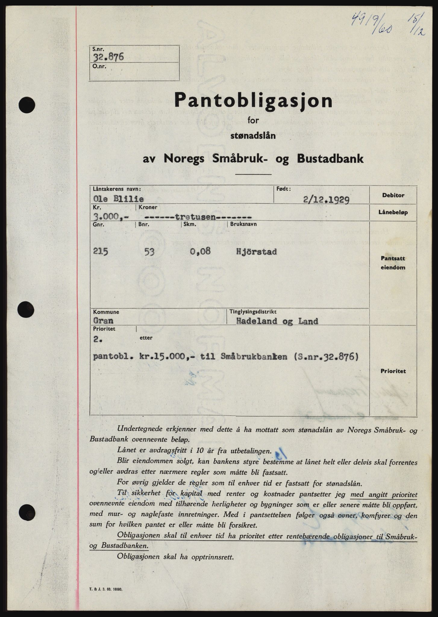 Hadeland og Land tingrett, SAH/TING-010/H/Hb/Hbc/L0044: Pantebok nr. B44, 1960-1961, Dagboknr: 4919/1960
