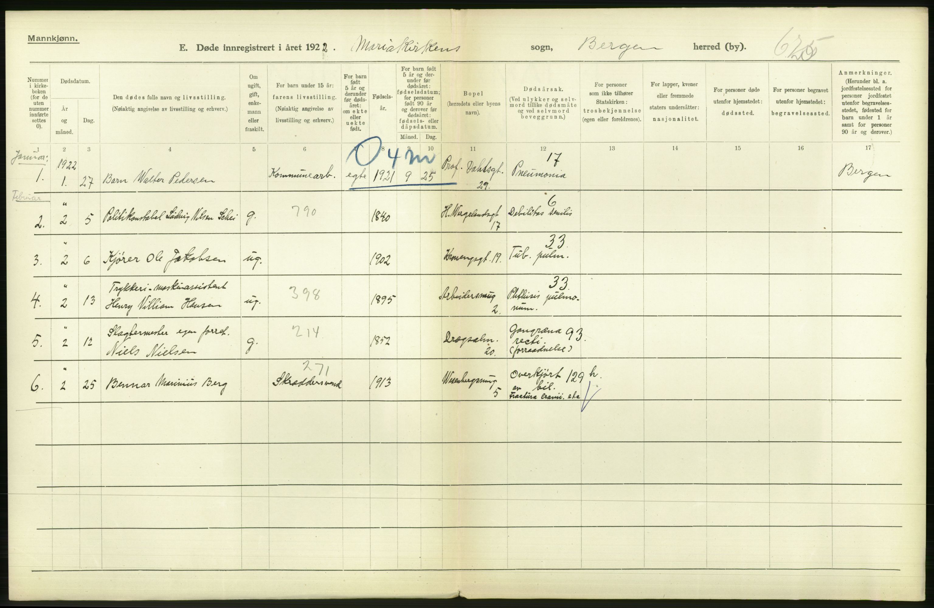 Statistisk sentralbyrå, Sosiodemografiske emner, Befolkning, AV/RA-S-2228/D/Df/Dfc/Dfcb/L0030: Bergen: Gifte, døde, dødfødte., 1922, s. 568