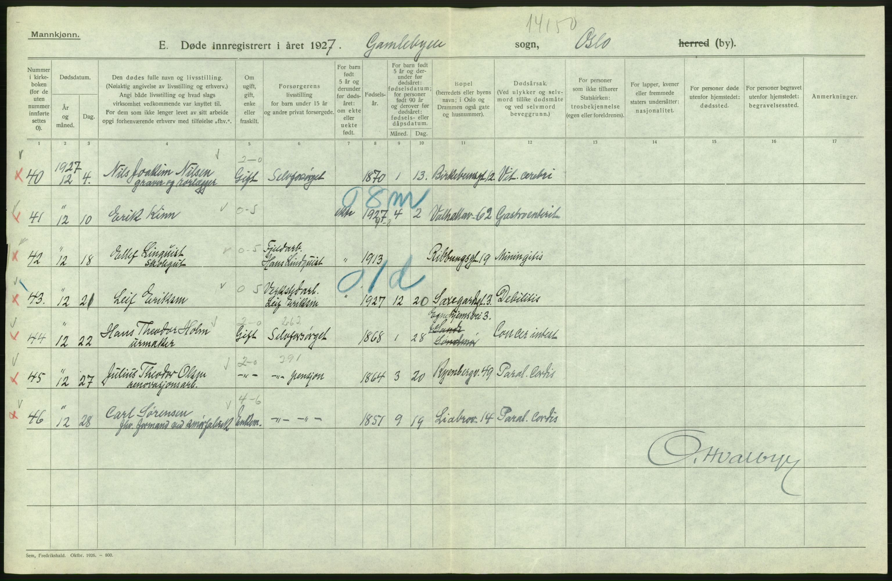 Statistisk sentralbyrå, Sosiodemografiske emner, Befolkning, RA/S-2228/D/Df/Dfc/Dfcg/L0009: Oslo: Døde menn, 1927, s. 542