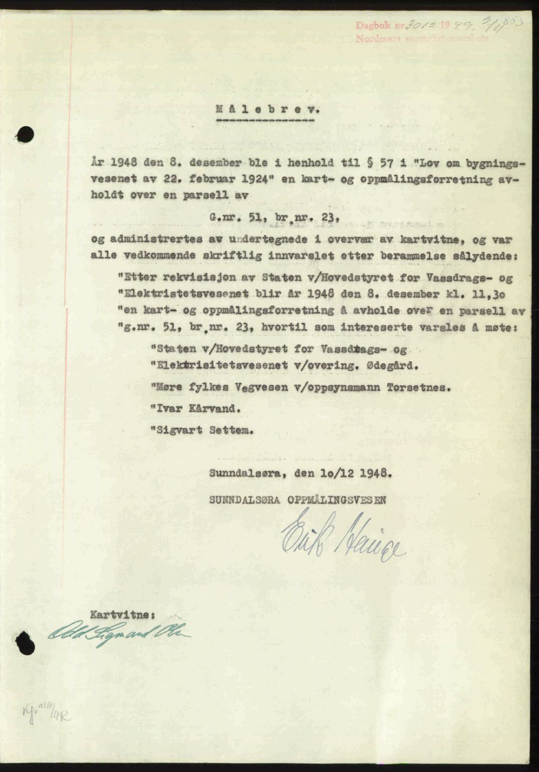 Nordmøre sorenskriveri, SAT/A-4132/1/2/2Ca: Pantebok nr. A112, 1949-1949, Dagboknr: 3012/1949
