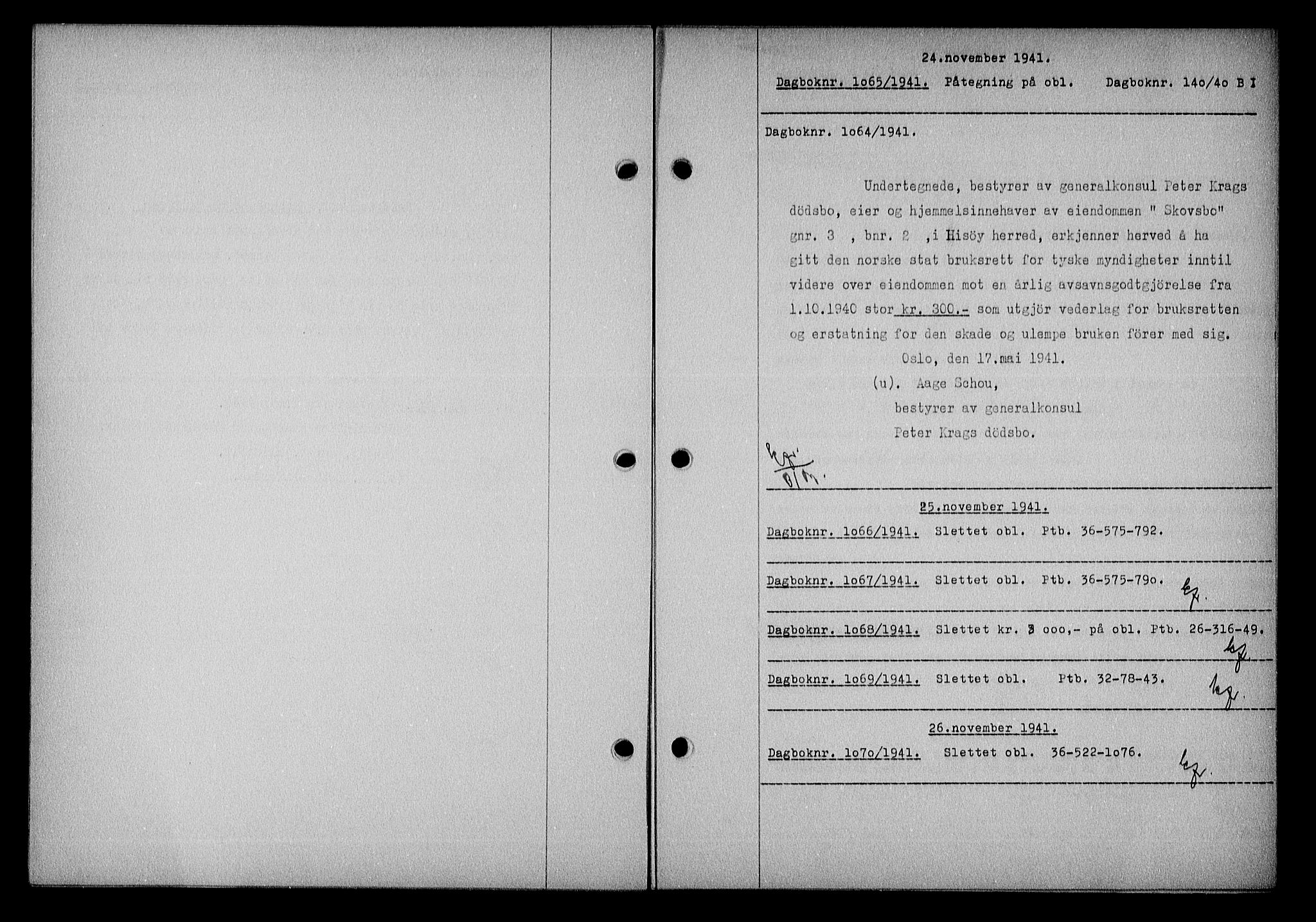 Nedenes sorenskriveri, SAK/1221-0006/G/Gb/Gba/L0049: Pantebok nr. A-III, 1941-1942, Dagboknr: 1065/1941
