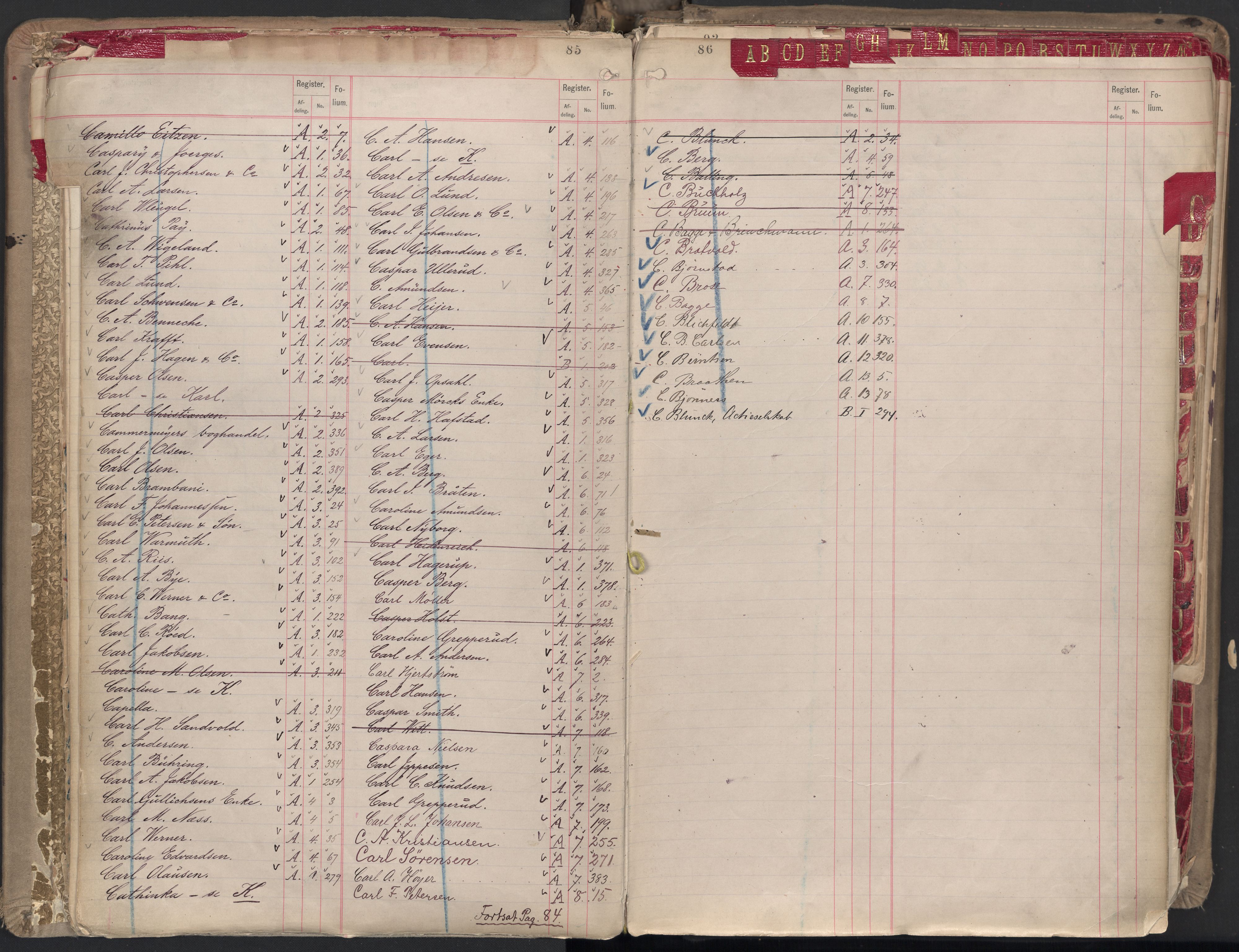 Oslo byfogd avd. II, AV/SAO-A-10942/G/Ga/Gaa/L0001: Firmaregister: A 1-15, B 1-4, C 1, 1890, s. 85-86