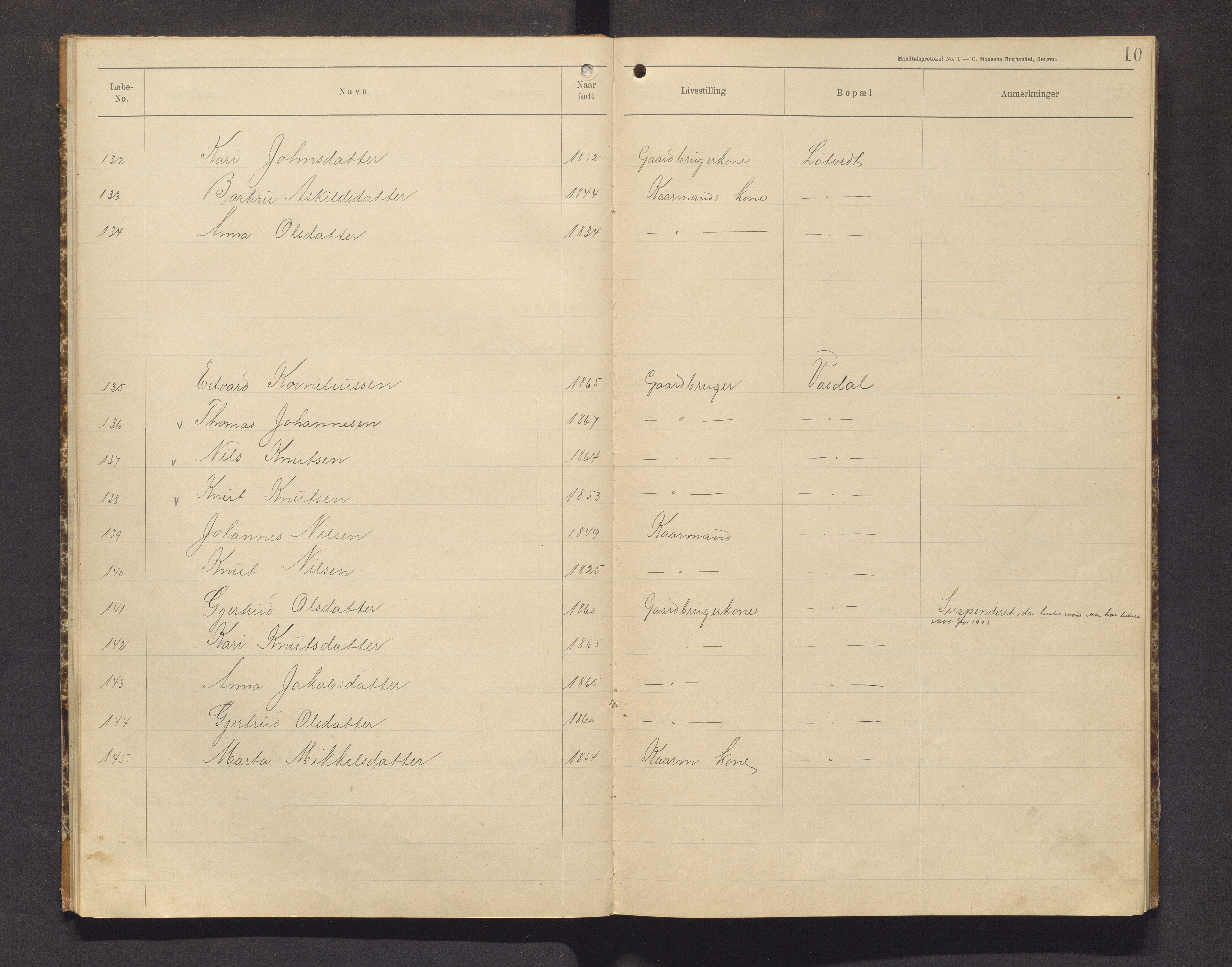 Bruvik kommune. Valstyret, IKAH/1251a-011/F/Fa/L0002: Manntalsprotokoll over røysteføre i Bruvik herad, 1904-1905, s. 10