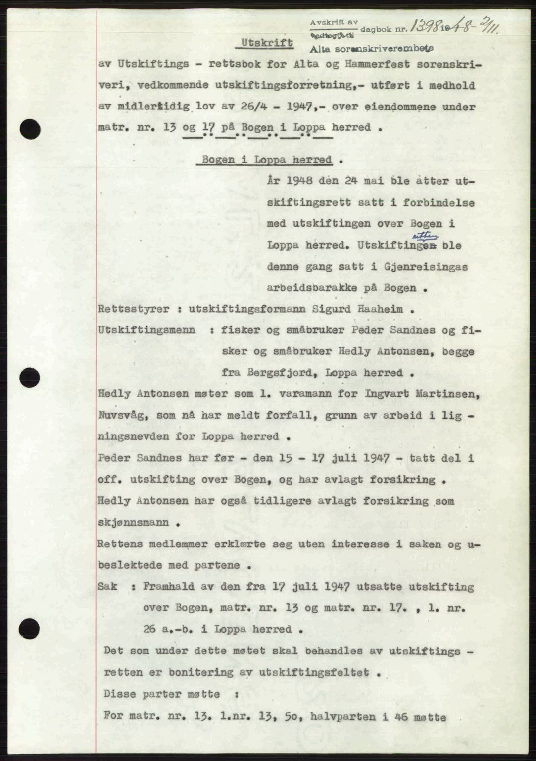 Alta fogderi/sorenskriveri, SATØ/SATØ-5/1/K/Kd/L0037pantebok: Pantebok nr. 39-40, 1948-1949, Dagboknr: 1398/1948