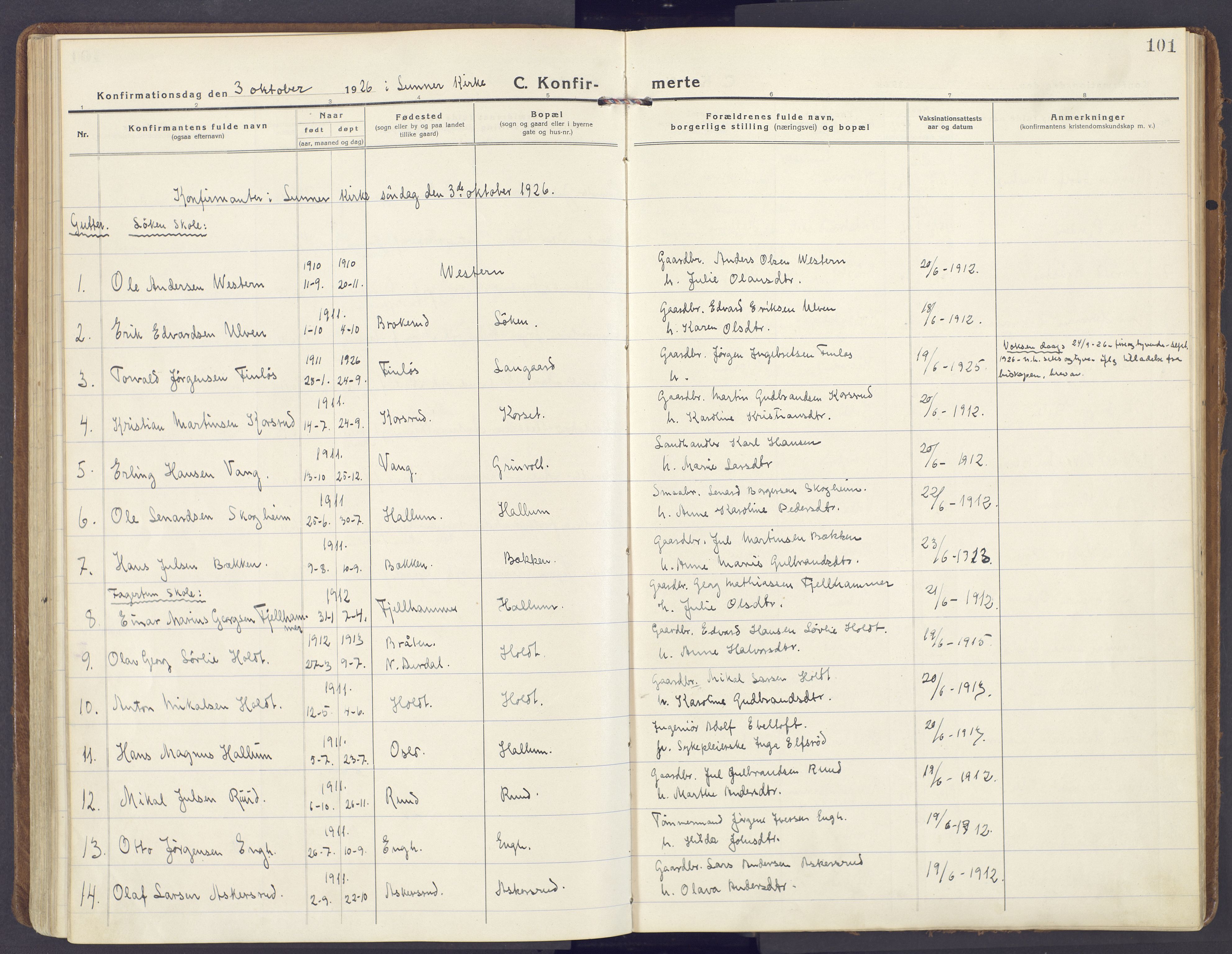 Lunner prestekontor, SAH/PREST-118/H/Ha/Haa/L0002: Ministerialbok nr. 2, 1922-1931, s. 101