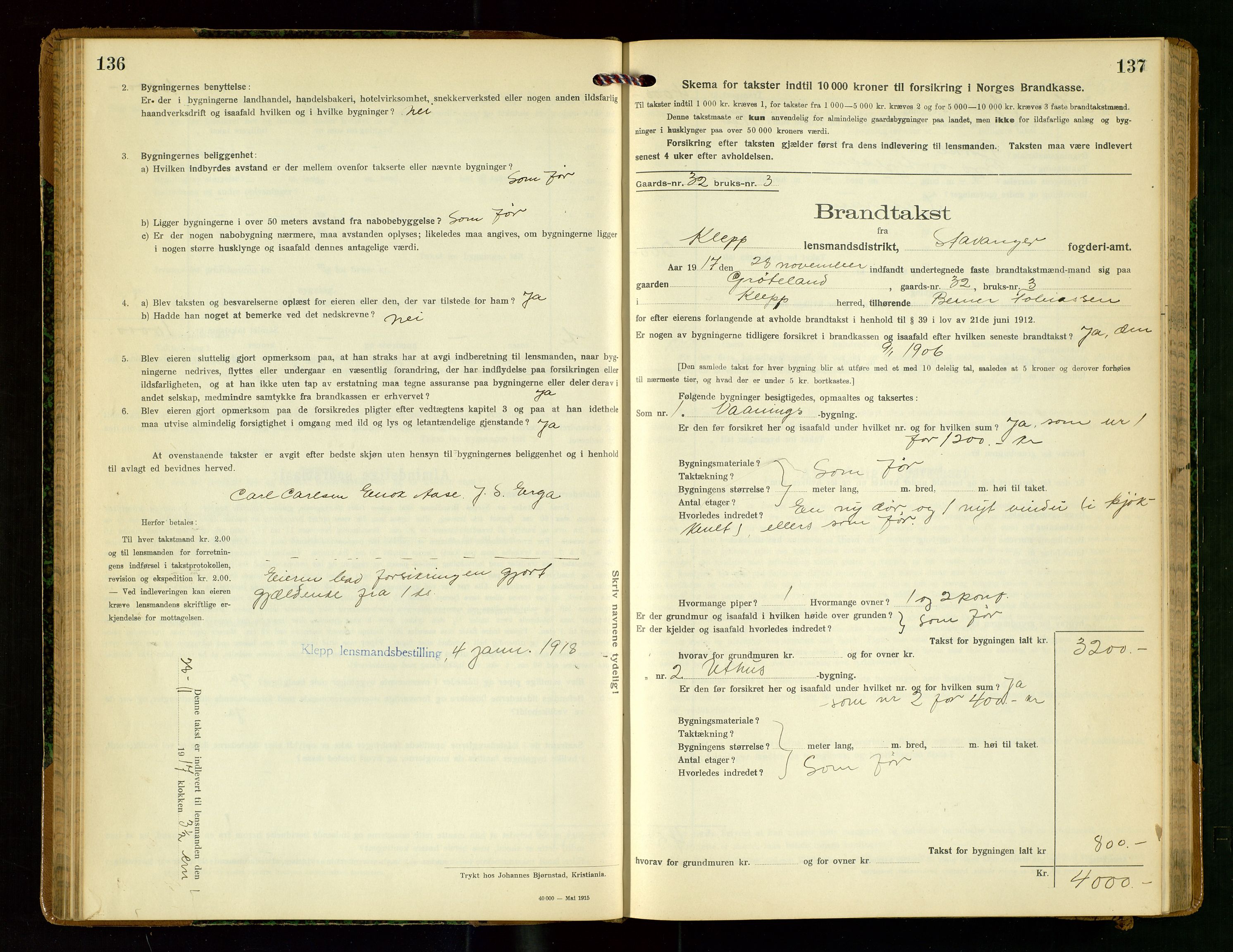 Klepp lensmannskontor, AV/SAST-A-100163/Goc/L0009: "Brandtakstprotokol" m/register, 1917-1919, s. 136-137