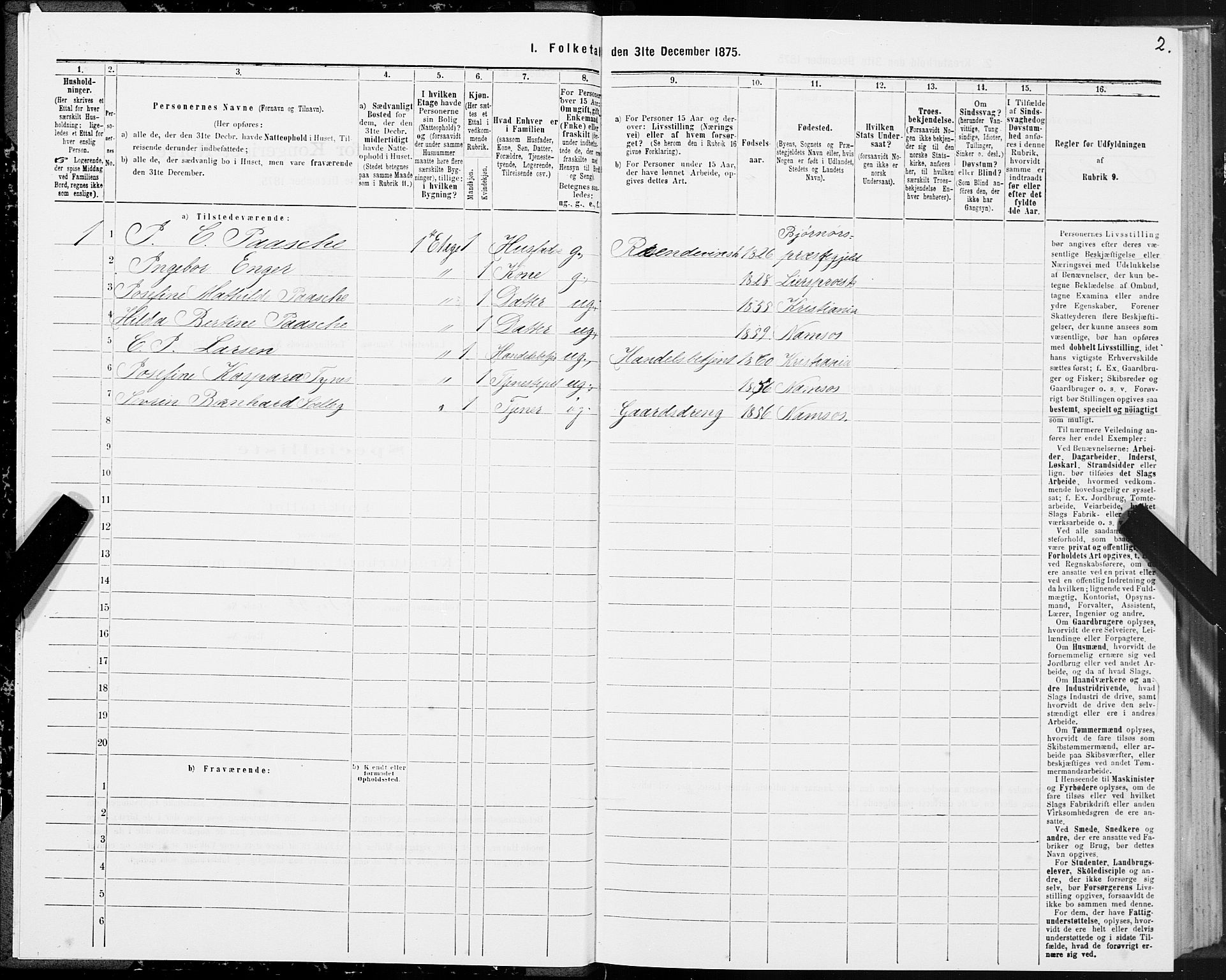 SAT, Folketelling 1875 for 1703B Namsos prestegjeld, Namsos ladested, 1875, s. 2