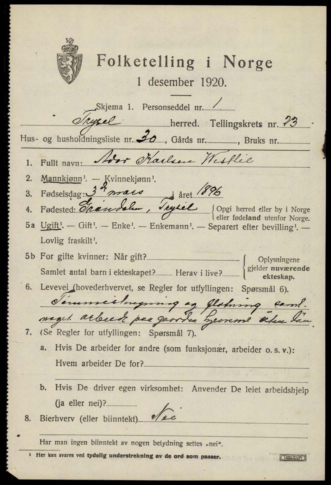 SAH, Folketelling 1920 for 0428 Trysil herred, 1920, s. 15211