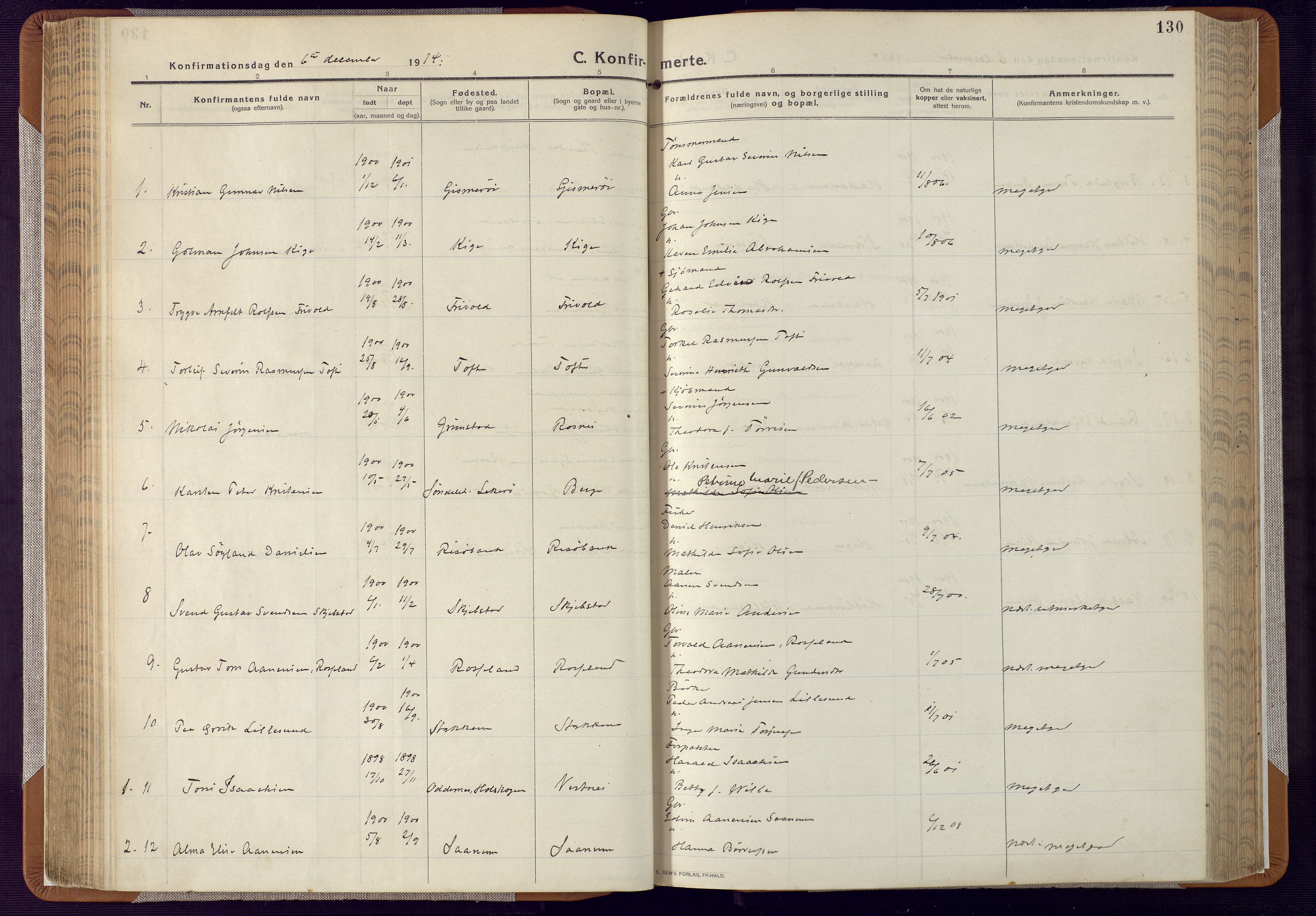 Mandal sokneprestkontor, SAK/1111-0030/F/Fa/Faa/L0022: Ministerialbok nr. A 22, 1913-1925, s. 130