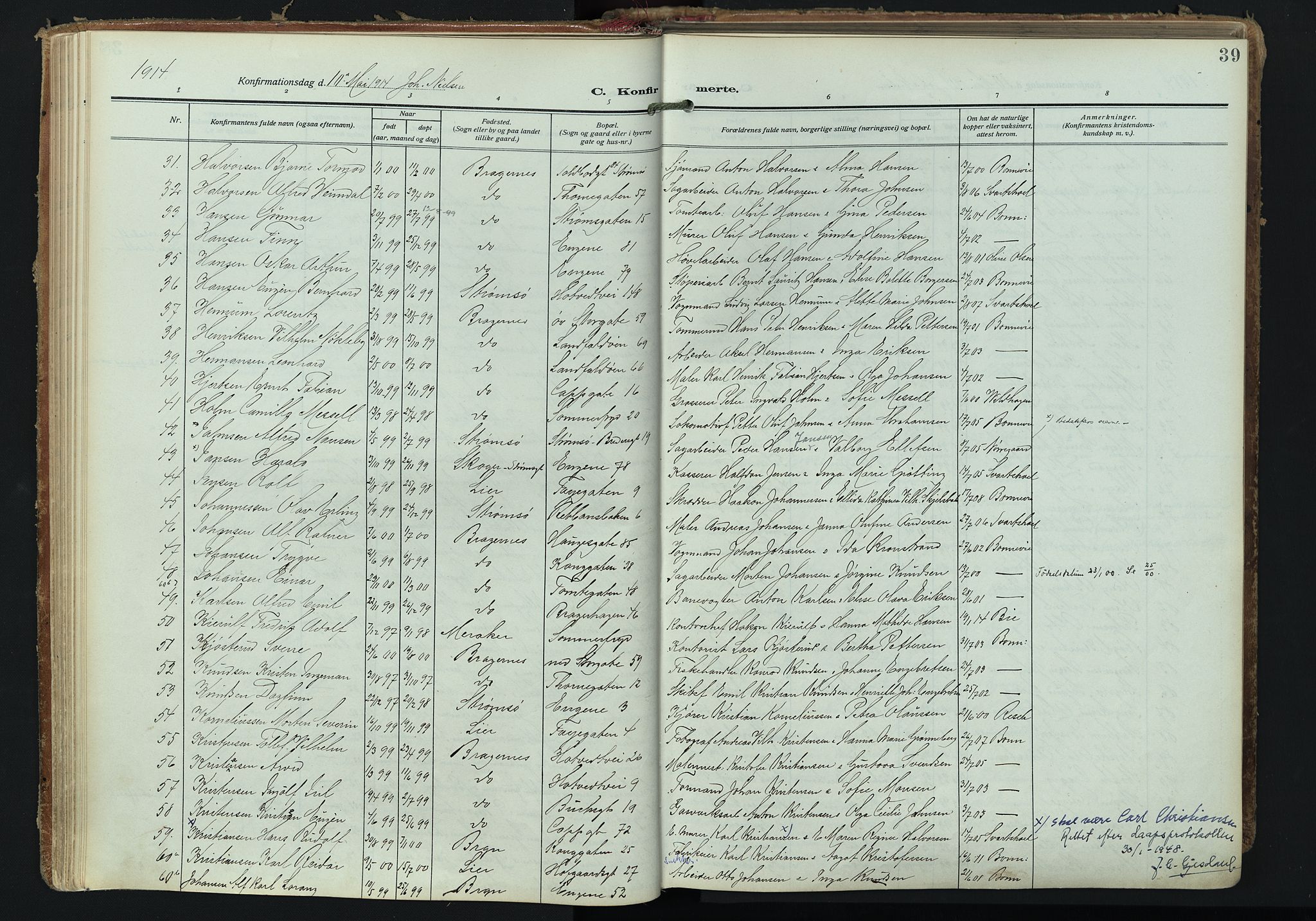 Bragernes kirkebøker, AV/SAKO-A-6/F/Fc/L0008: Ministerialbok nr. III 8, 1909-1921, s. 39
